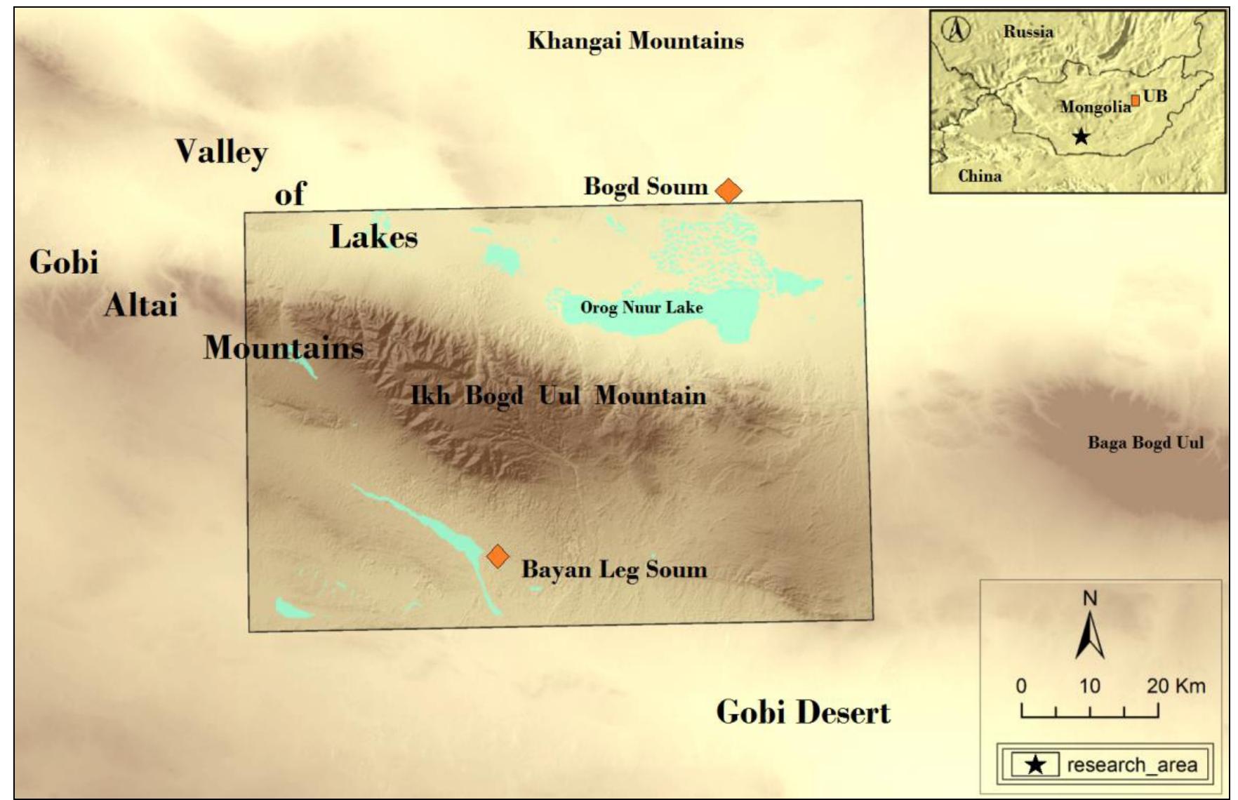Research area and geographic terms mentioned in this work  the northern slope of Ikh Bogd Uul Mountain (Ginchinstiren & al., 2006; Marcolongo, 2005).  the archaeological excavations of late prehistoric burials located between the Orog Nuur Lake and 