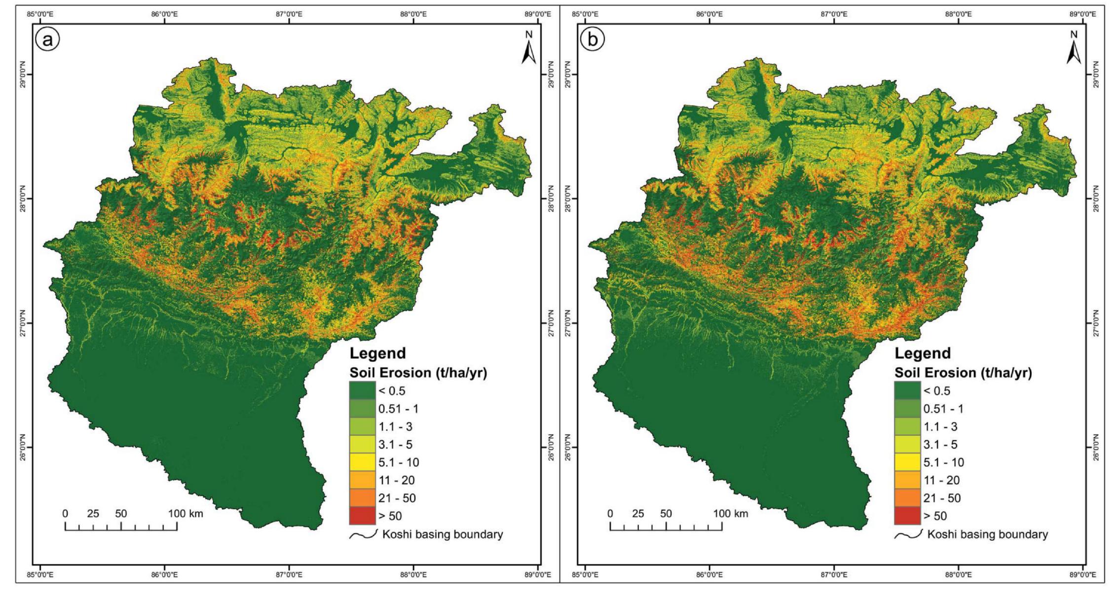 Soil erosion risk map of the koshi basin: (a) 1990, (b)