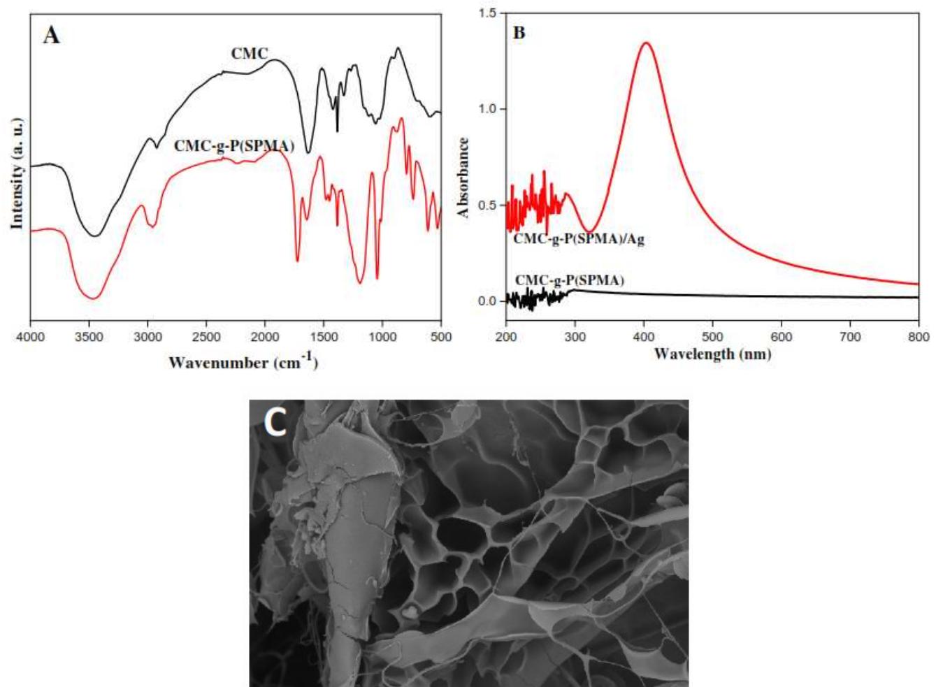 Ft-ir spectra of cmc and cmc-g-p(spma) hydrogel (a), uv-vis