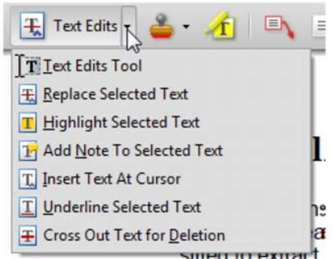 3. Click “Text Edits.” You can then select any text and delete it, replace it, or insert new text as you need to. If you need to include new sections of text, it is also possible to add a comment tc the proofs. To do this, use the Sticky Note tool in the task bar. Please also see our FAQs here: http://journalauthors.tandf.co.uk/production/index.asp. 