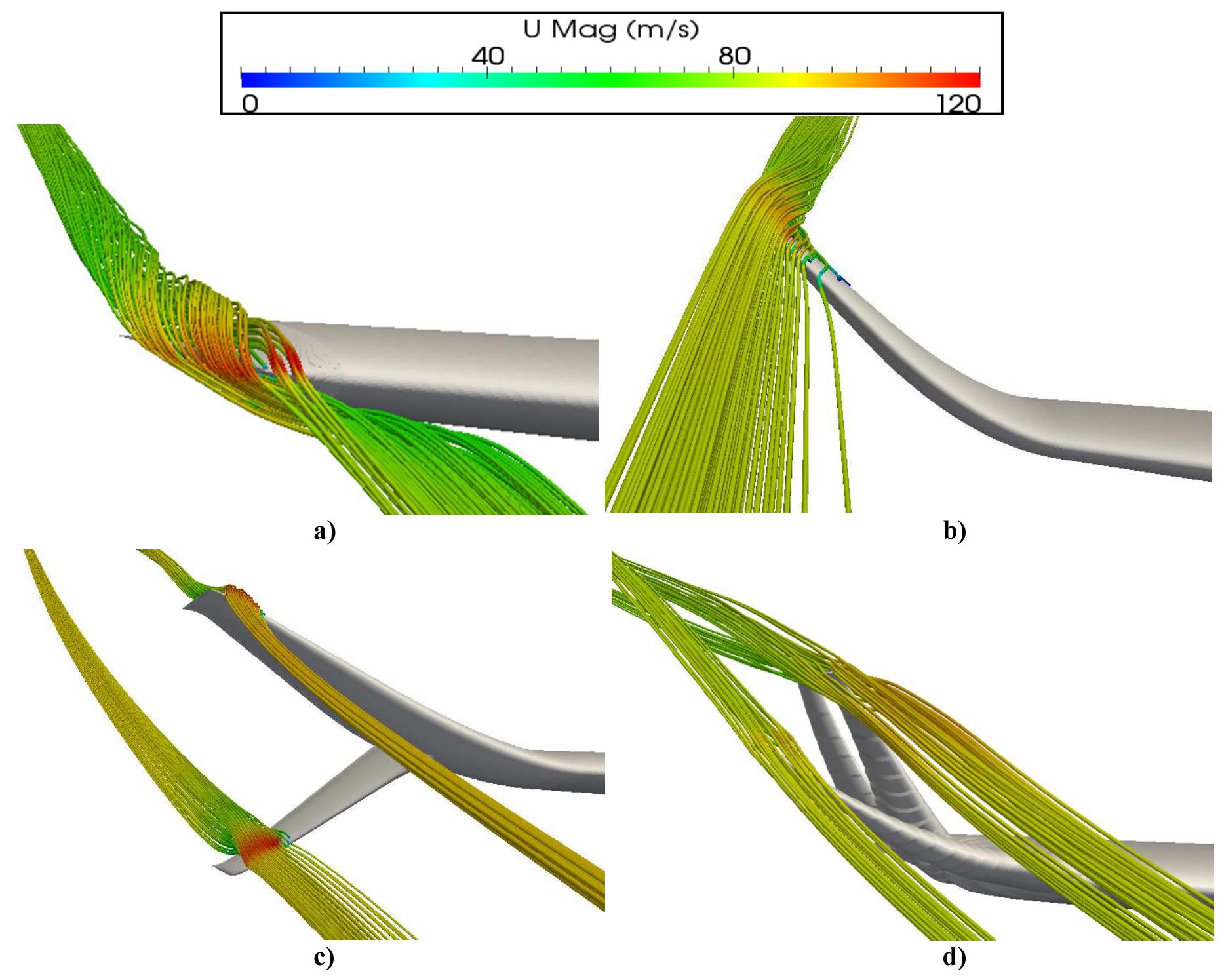 Multi Winglet Streamlines around the wing tips of: a) naked wing, b)