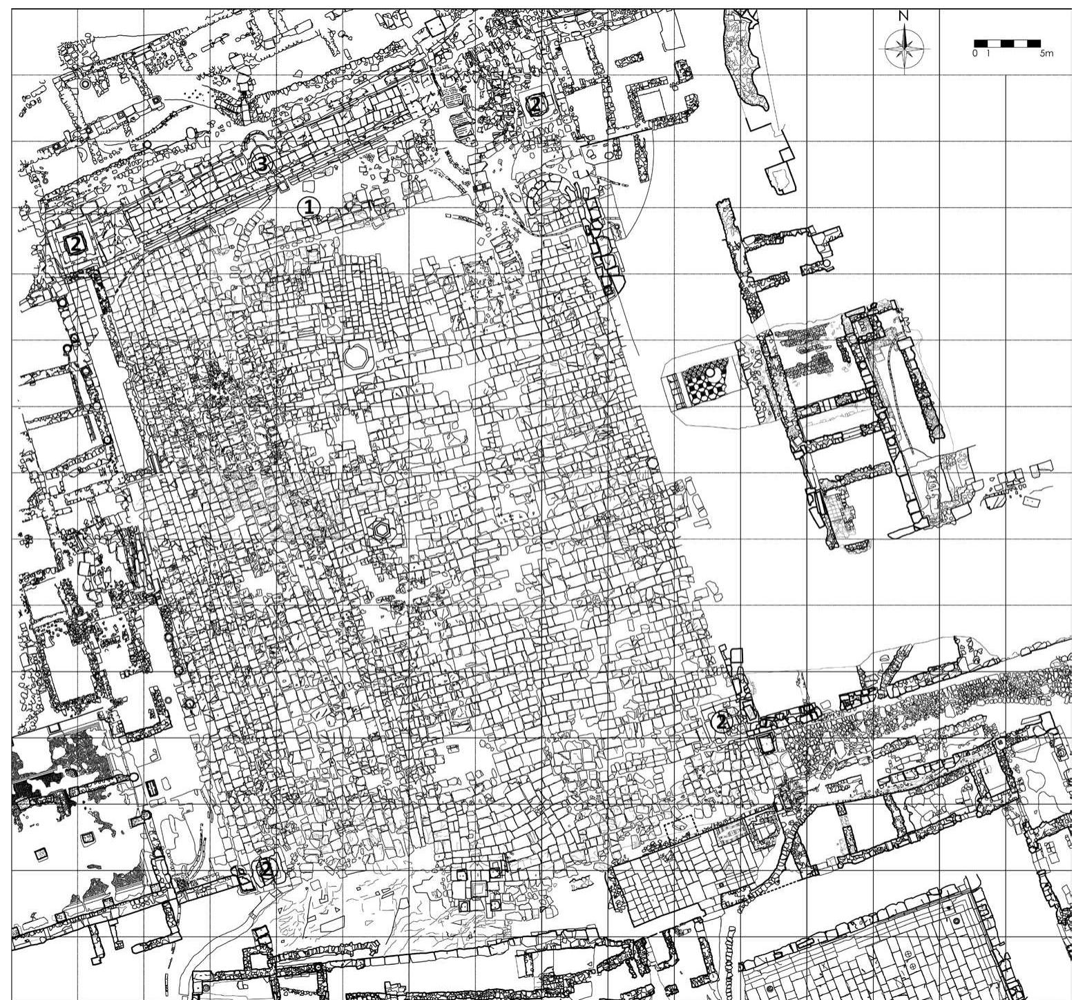 Fig. 1. Plan of the Upper Agora of Sagalassos (situation 2017): 1) Early Roman Imperial fountain; 2) honorific columns; 3) the Antonine Nymphaeum (Sagalassos Project).  The aim of this article is to present the results of the soundings on the Upper Agora together with those carried out around the supply channel, and thus shed light on the construction of the first monumental fountain on a public square at Sagalassos and on the role the building played in the monumentalization of the city. Finally, it will discuss the  dismantlement of the fountain and its replacement by the Antonine Nymphaeum. 