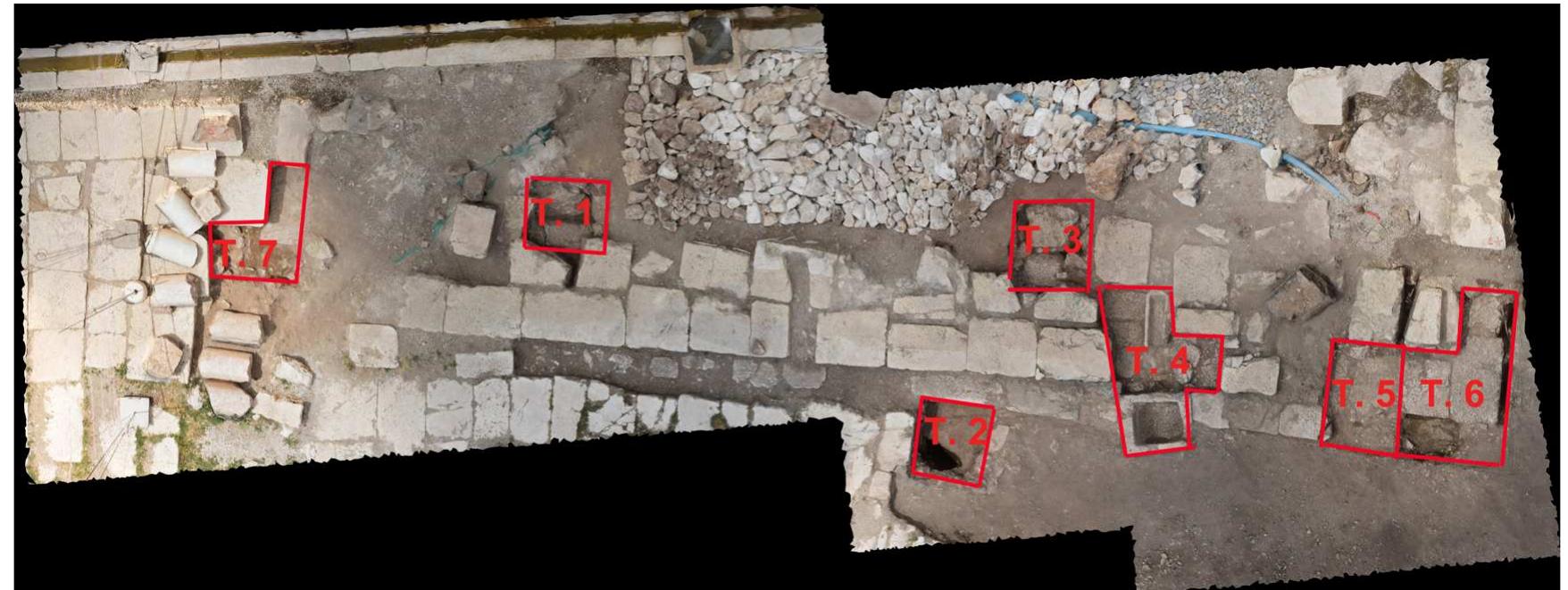 Fig. 2. Ortho-photo of the fountain remains on the Upper Agora with indication of the trenches  (Saoalaecne Prateek) 