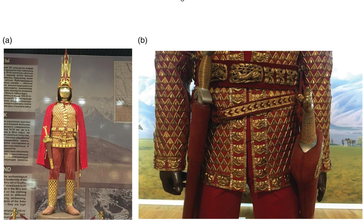 Figure 4  (a) Reconstruction of the Issyk golden suit based on archaeological date. 5th c BCE, Kazakhstan. (6) Part of the Issyk golden suit 