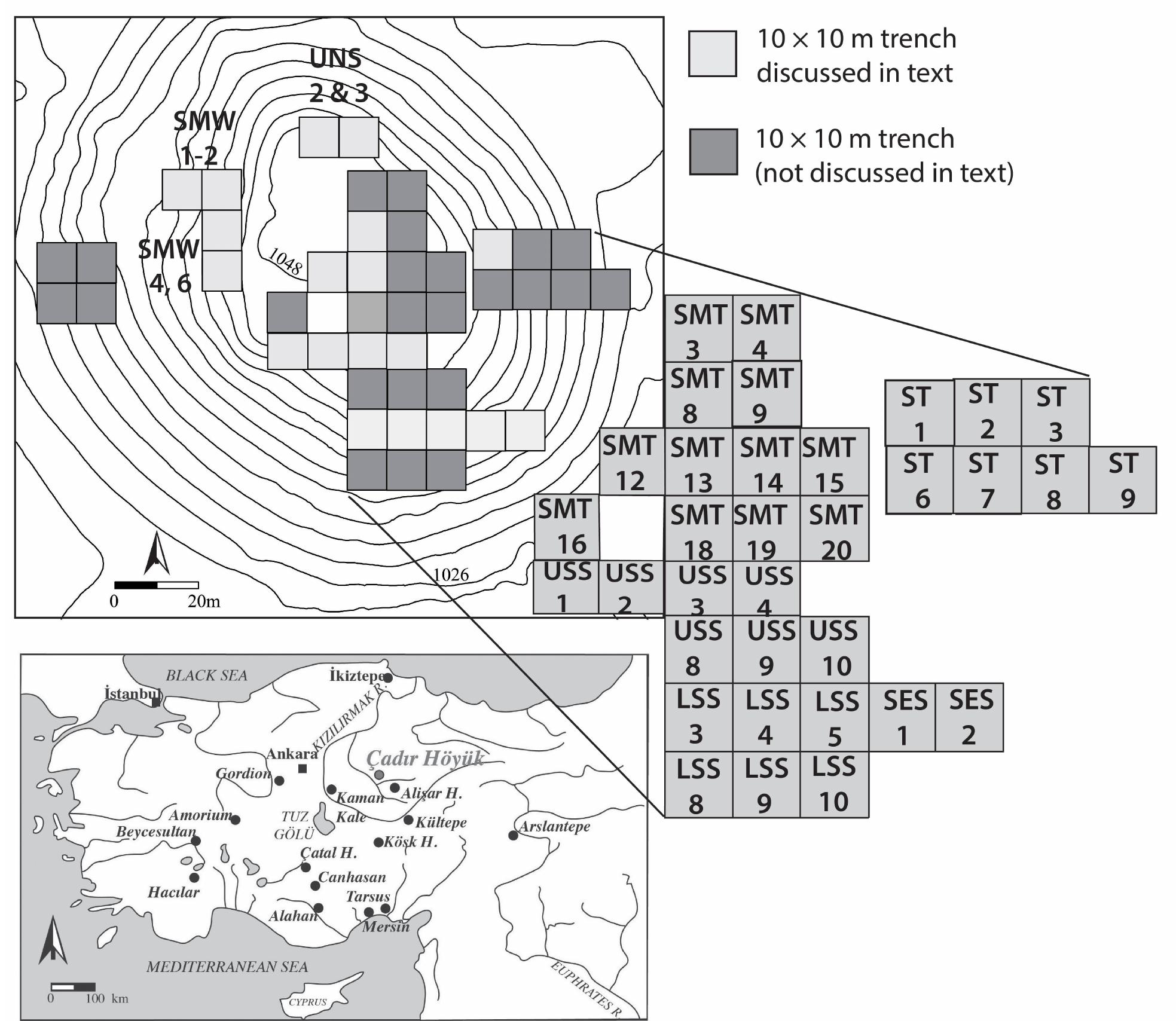 Figure 4-1. Top: topographical map of mound and trenches discussed in text (light gray) bottom: map of Turkey showing Cadir H6yiik and other relevant sites.  Cadir Héyiik (Fig. 4-1) is a multi-period site in the Yozgat province of the north central Anatolian plateau. We have undertaken excavations at this site since 1994 with only a few gaps between seasons. In the previous two seasons (2017-2018) we continued our work in three major periods represented at the site: the prehistoric phases (Late Chalcolithic to Early Bronze Age, ca. 3800-2800 BCE), the second and first millennia BCE (Hittite and Iron Age periods), and the Byzantine occupation (first and early second millennia CE). All three periods in the last two seasons have produced rather remarkable discoveries. This chapter briefly profiles discoveries in the earliest and latest periods (Late Chalcolithic and Byzantine). A significant portion of our chapter is devoted to the second and especially the first millennium BCE excavations.  