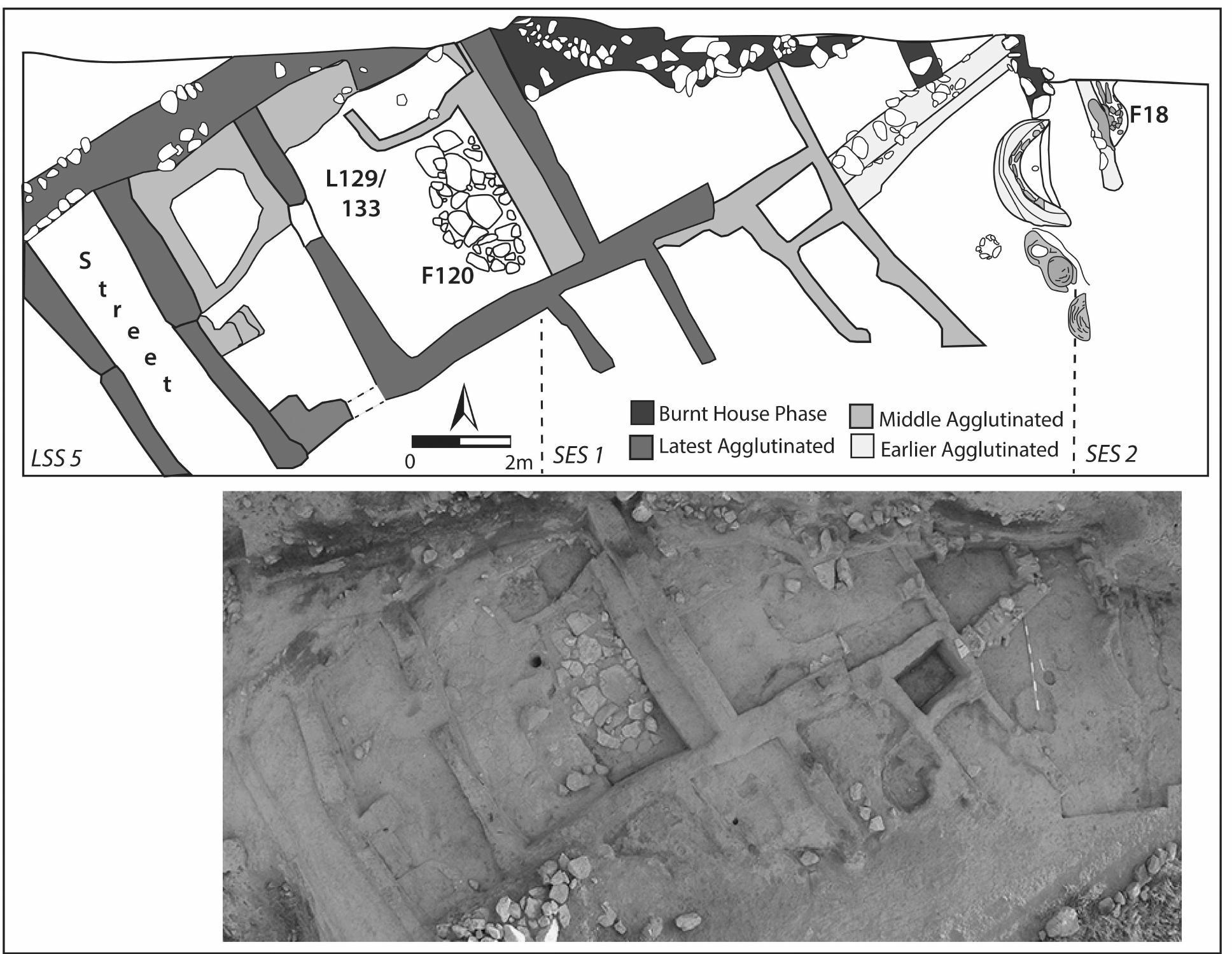 Figure 4-2. Top: plan of the Eastern Compound showing areas discussed in the text bottom: photo of same area taken by drone in 2018.  Excavations in the Eastern Compound (Fig. 4-2) during these two seasons concentrated on further exposing and  clarifying the Ag  glutinated phase architecture (Table 4-1), reported  on previously in this series, and elsewhere  (Steadman et al. 2017; Steadman and McMahon 2017). Several of the small rooms in the Agglutinated structure had  been filled with mudbrick packing by the next phase  revealing thick de We had previous  y ascertained that the Agglutinated residential com  perhaps 50—60 cm into the ground; we must now revise this to at least  the courtyard surfaces. The ashy deposits appear to  Agglutinated com during the Agglut After each, mino  plex, with the mudbrick packing laid atop to seal it. T inated phase, with two additional fire- r or major renovations took place in the Eastern  intentionally set, t home.  the “Burnt House”) occupants; this packing was removed, posits of ash resting on Agglutinated floor levels. In one case the ash deposit was over | m in depth.  plex was semi-subterranean, with floors sunk m of the Agglutinated structure resting below  be the “clean up” from the final destructive fire in the  his was the second of two major conflagrations  based destructions occurring during the Burnt House phase.  Compound. It is possible these fires were  hereby “killing” the previous structure and clearing t  he way for the “birth” of a new version of the 