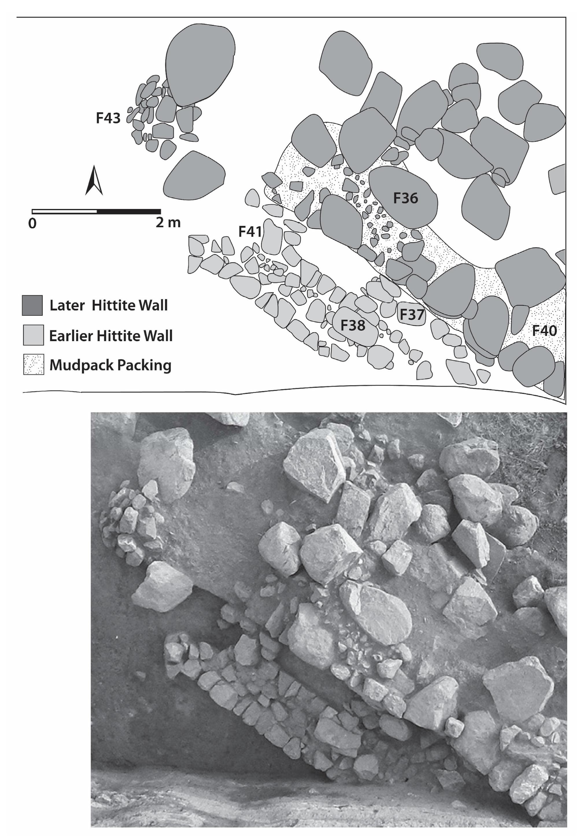 Figure 4-6. Top: plan of the two Hittite walls in UNS 3; bottom: photo of the walls. 