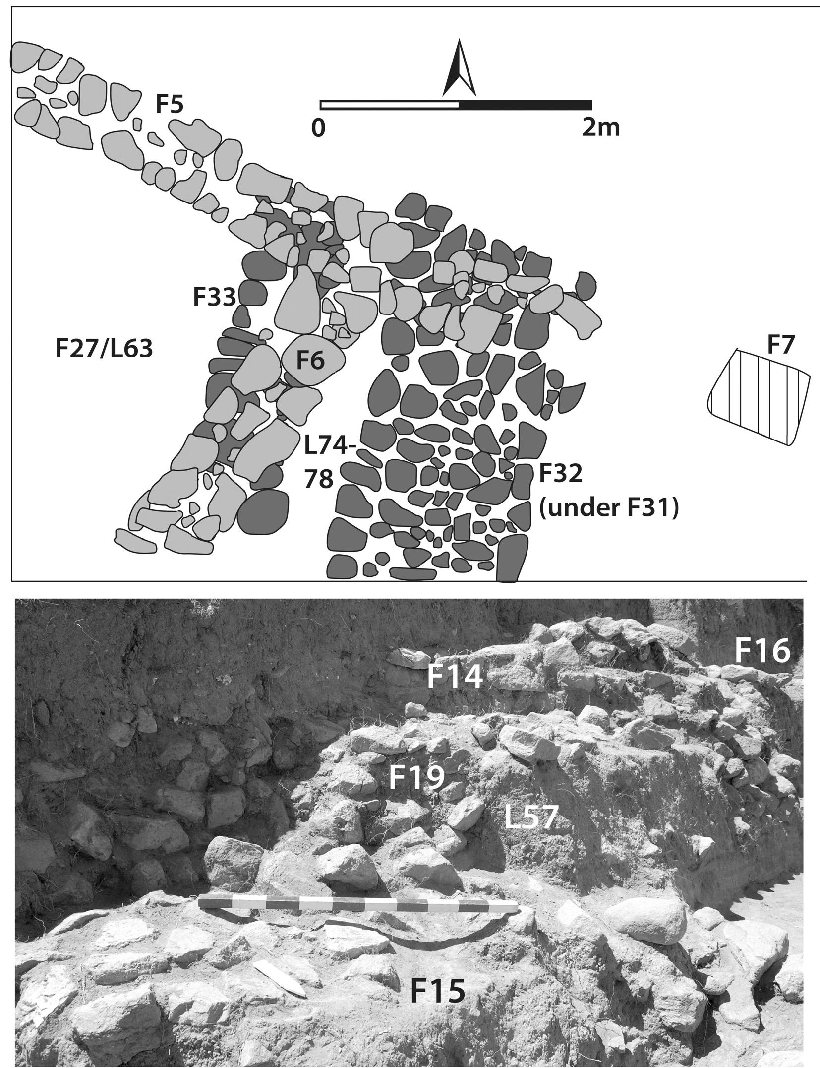 Figure 4-10. Top: plan of northwest quadrant of UNS 3 showing earliest phase of Late Iron architecture resting just above the Hittite walls (shown in Fig. 4-6); bottom: photo of uppermost (only 1—-1.5 m wide) area of UNS 3 showing Hellenistic/Late Iron “stairway” to stone platform F16 (far right on photo).  and SMT 15 described above. Laid above F32 was a beige-orange mudbrick packing (F31). It is quite possible that the F32 stone wall was the easternmost wall of a room flanking the F32 pathway into the Late Iron town on the northern  slope. At some later date in the Late Iron Age this arrangement was significantly restructured, and much of this earliest complex was disassembled to be used by the next phase. 