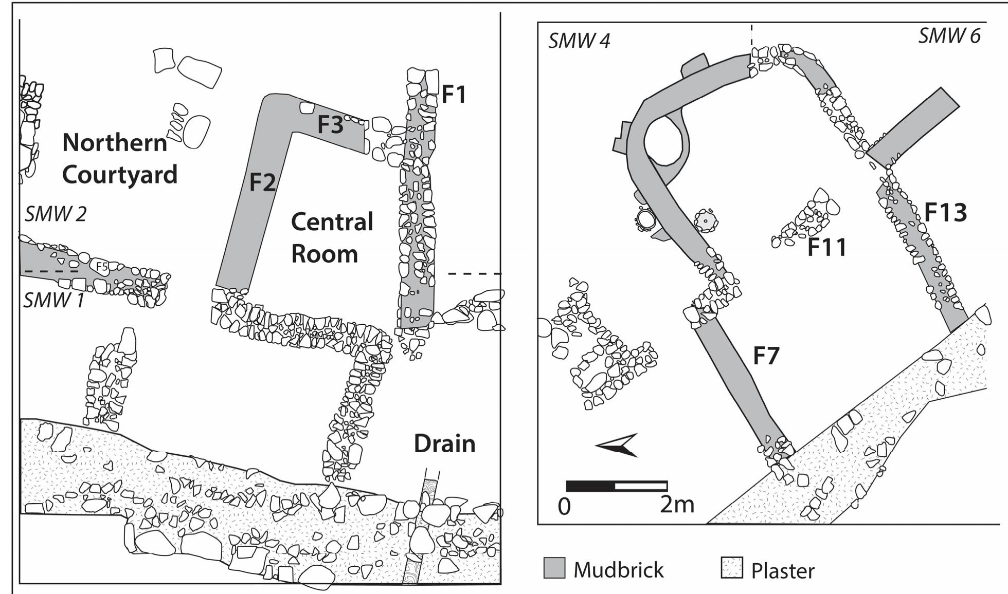 Figure 4-14. Plans of trenches SMW 1-2 (left) and SMW 4, 6 (right), showing architecture discussed in the tex! 