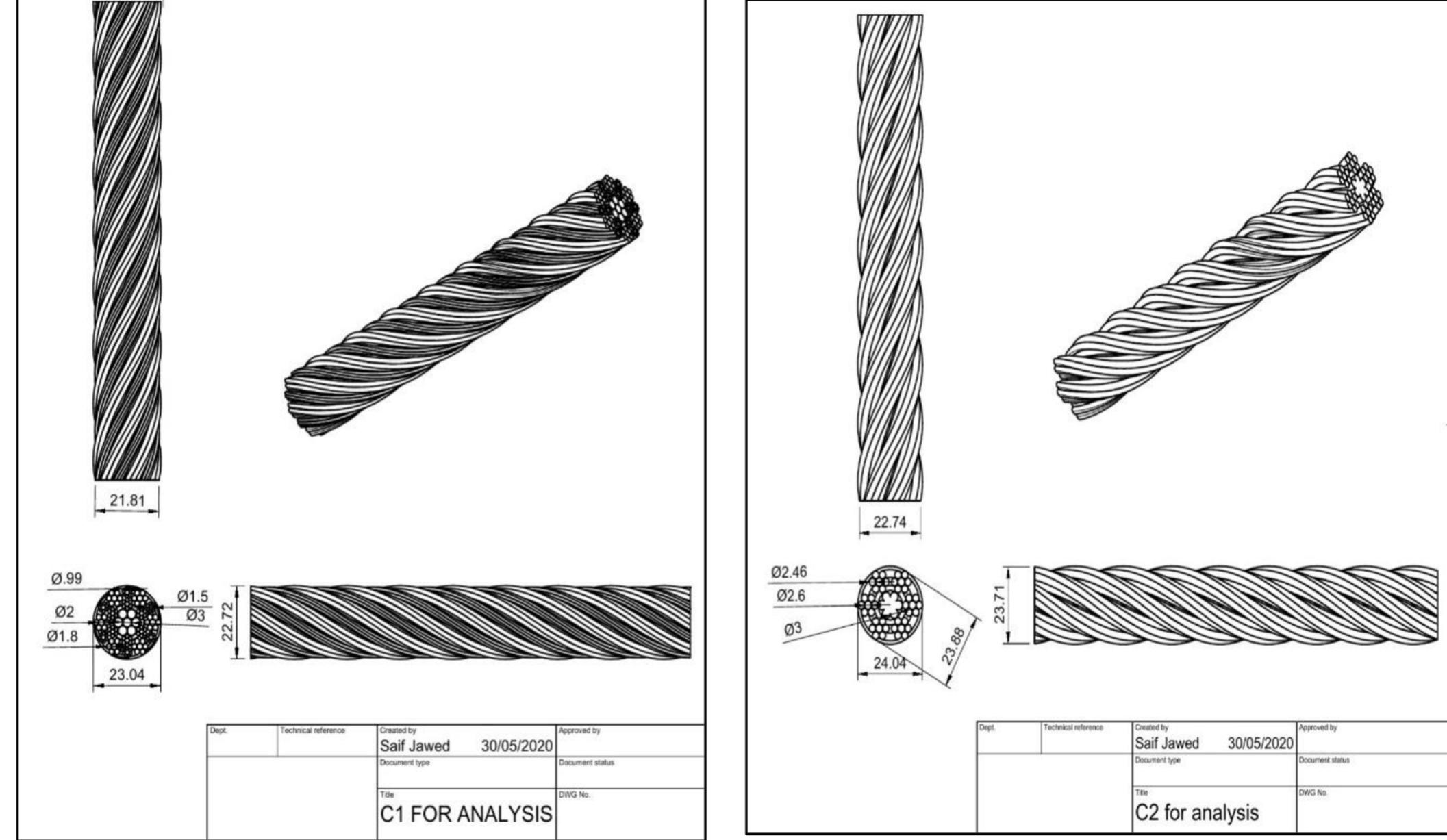 Dimensions and front view of wire ropes considered