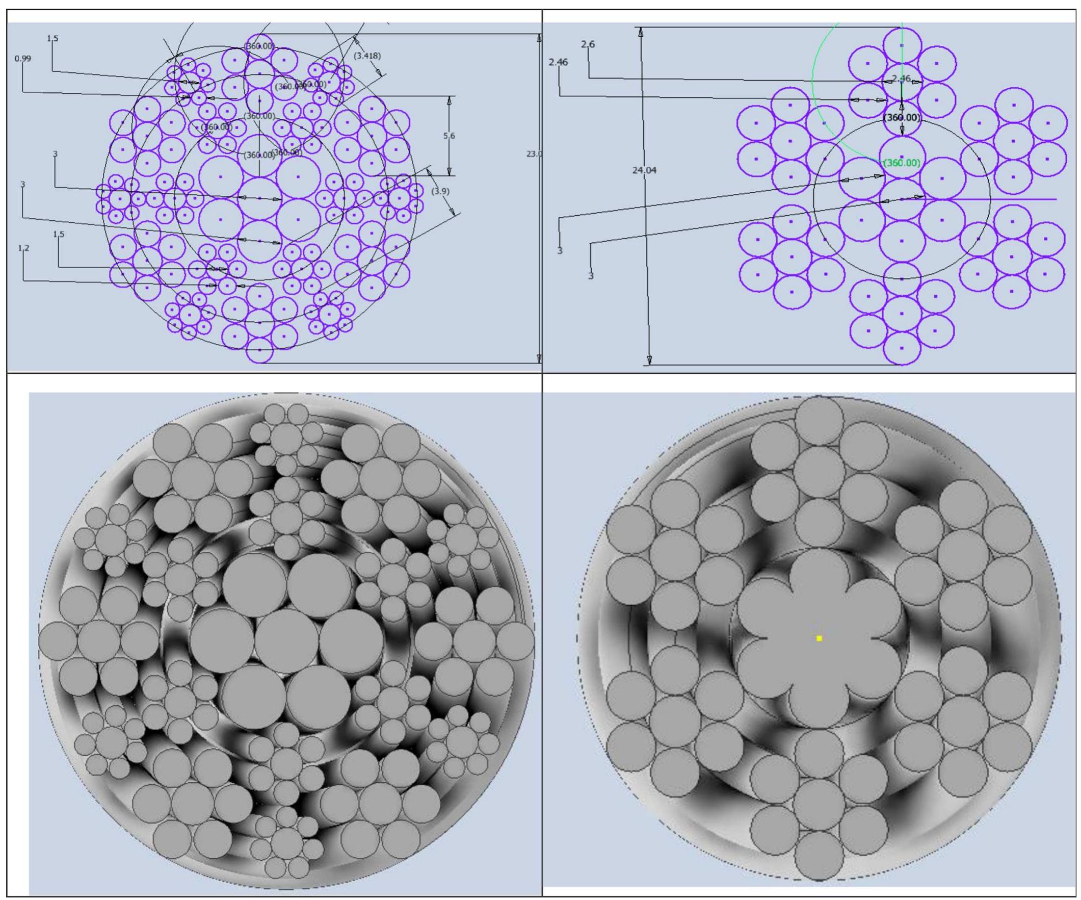 Dimensions and front view of wire ropes considered