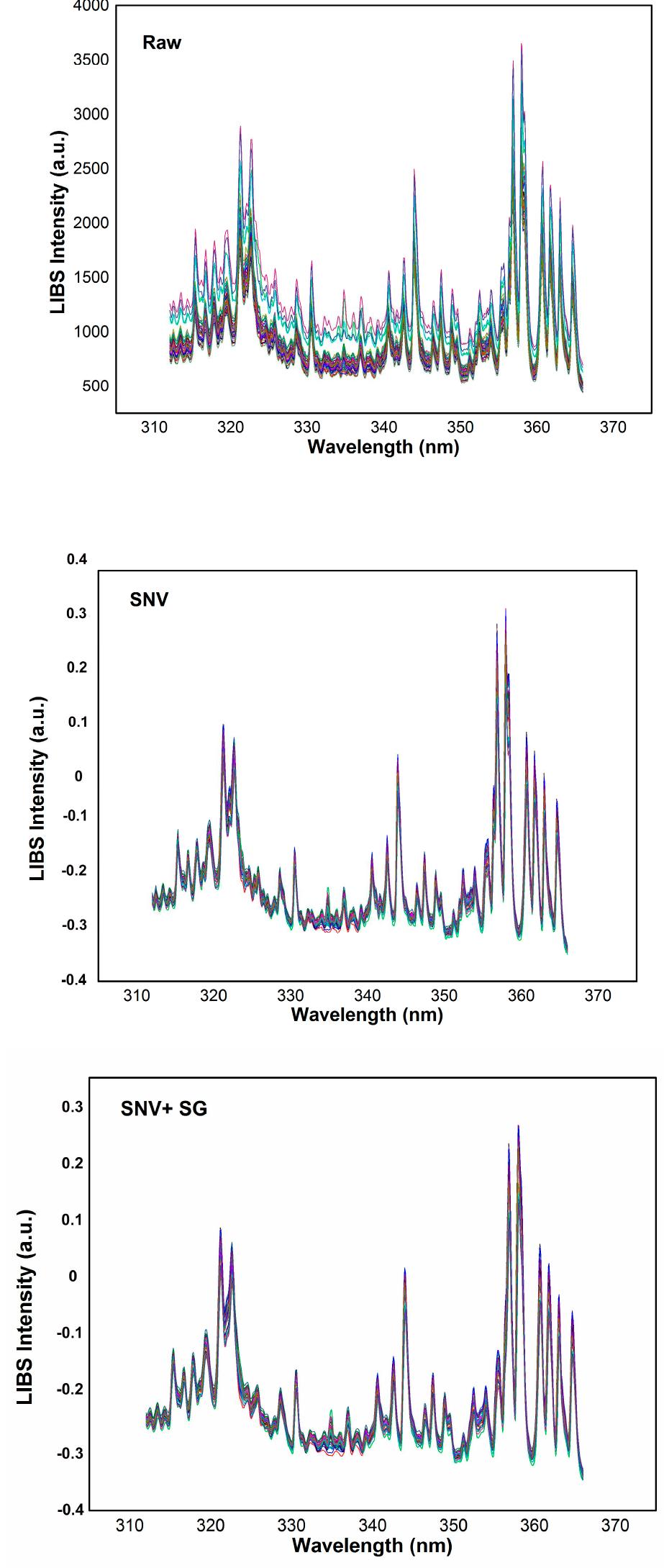 Raw, snv, and snv + sg libs spectra of the transition of fe