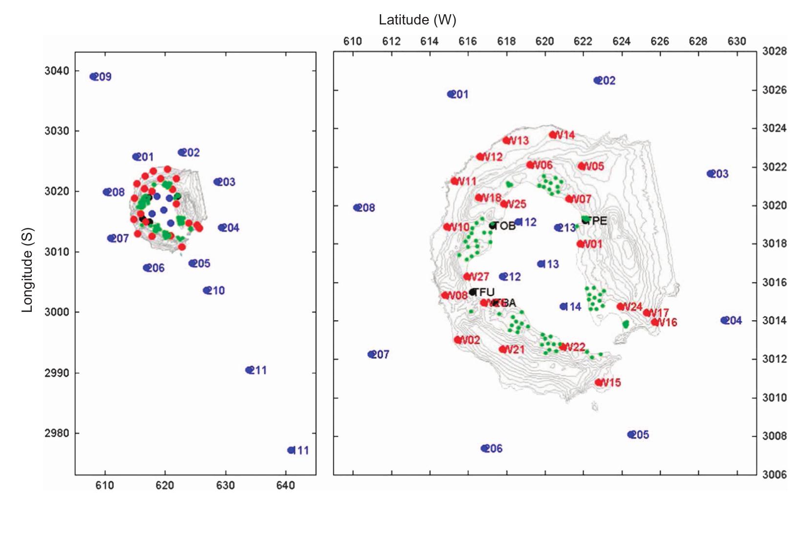 Maps showing the positions of seismic stations deployed