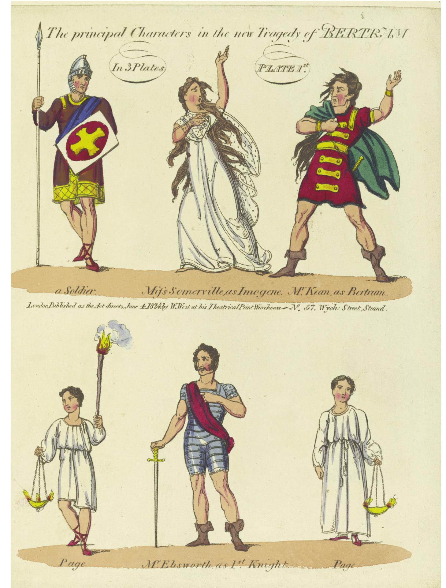 Figure 6. First plate of The Principal Characters in the New Tragedy Bertram, W. West, hand-coloured etching, 24.0 x 18.5 cms. © The Trustees of the British Museum. 