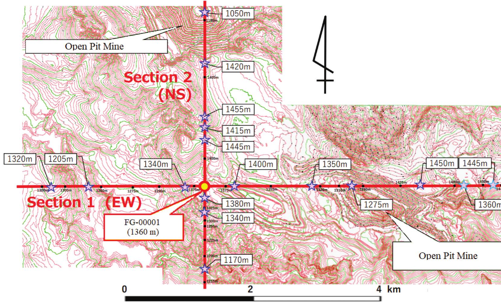 Topography map of the region with the horizontal cross