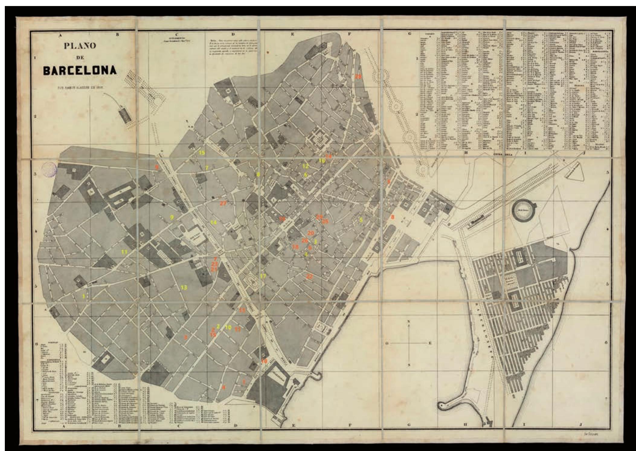 FiGureE 1. Piano teachers and builders in Barcelona from 1815 to 1848. Piano teachers (in yellow): 1. Don Antonio Gallard. Botella, 38*: 2. Francisco Rodriguez. Conde del Asalto; 3. Lorenzo de Castro. Ciudad, 10; 4. Anonymous. Avinyé, 19*; 5. Anonymous. Corner of Carret Abaixadors, near Santa Maria, Casa Nadal number 1*; 6. Anonymous. Corner of Placa de POli*; 7. Anonymous. Canuda, 11*; 8. Anonymous. Capellans, 13; 9. Anonymous. Carrer del Carmen; 10. Anonymous. Conde del Asalto, 37*; 11. Anonymous. Hospital*; 12. Anonymous. Mer- caders, 5; Anonymous. Plaza de les Cols, 7**; 13. Anonymous. Robador, 14. Anonymous. Roca, 30; 15. Anonymous. Santa Anna, 30; Anony- mous. Santo Domingo, 12**; 16. Anonymous. Semuleras*; 17. Anonymous. Tresllits.**  Piano builders (in orange): 1. Adolf Lerch. Perecamps,10; 2. Andrés Puig, Conde del Asalto, 32; 3. Antonio Llad6. Barbara, 11; 4. Antonic  Orla Trantarlanc Td & Anitanin Voerose Barnes 6 Antanin Vila Tomnilacing TN Arasinicto Dideankt* 7. RartalameCamne San Dahlin: OA:  AERA SOC ee oO SE ERIE ERE SRE ELEN MOE TS SIRT OAS ANS VRRP OTE ROTA ASNVLE NCR SeP eee | Aen Revewmen= SSMS Tees Teer eee Sims Samer R meme Tee een LAN es IPSec SRenLgeimet: famine Hymesd Sam eMiienwe ws sore serene heme Tnnron PENT ES Da are aE EN Sen a REE SRA SENS  2. Francisco Rodriguez. Conde del Asalto; 3. Lorenzo de Castro. Ciudad, 10; 4. Anonymous. Aviny6, 19*; 5. Anonymous. Corner of Carret Abaixadors, near Santa Maria, Casa Nadal number 1*; 6. Anonymous. Corner of Plaga de P’Oli*; 7. Anonymous. Canuda, 11*; 8. Anonymous. Capellans, 13; 9. Anonymous. Carrer del Carmen; 10. Anonymous. Conde del Asalto, 37*; 11. Anonymous. Hospital”; 12. Anonymous. Mer- caders, 5; Anonymous. Plaza de les Cols, 7**; 13. Anonymous. Robador, 14. Anonymous. Roca, 30; 15. Anonymous. Santa Anna, 30; Anony- mous. Santo Domingo, 12**; 16. Anonymous. Semuleras*; 17. Anonymous. Tresllits.*8  Piano builders (in orange): 1. Adolf Lerch. Perecamps,10; 2. Andrés Puig, Conde del Asalto, 32; 3. Antonio Llad6. Barbara, 11; 4. Antonio Orfila. Trentaclaus, 14; 5. Antonio Vergés. Borne; 6. Antonio Vila. Templarios, 10; Auguste Rideau**; 7. Bartolomé Camps. San Pablo, 94: 8. Cayetano Piazza. Plaga del Palau, 9; 9. Cayetano Vilarderbé. Tallers, 24; Evaristo Bergnes**; 10. Faugier, next to the Porta de Santa Madro- na; 11. Francisco Antiga. Lancaster, 7; 12a. 12b. Francisco Espafia. Escudellers, 13 and 58; 13. Francisco Puig. Conde del Asalto, 86; 14. Jaume Anglada. Flor del Lliri, 4. 15. Jaume Ribatallada. Conde del Asalto, 32; 16. Jeronimo Bordas. Fontseré, 23; 17. José de Urivarrena. La Rambla, 26; 18. José Vila. Gigantes, 3; 19. Josef Cabafieras. Plaga San Jaime; 20. Joseph Marti. Bellafila, 1; 21. Juan Munné. San Pablo, 94; 22. Llusa. Carabassa, 2; 23. Lorenzo Munné. San Pablo, 100; 24. Luis Davila; Manuel Bordas. Fontseré, 23; 25. Manuel Rosell. Llad6, 7; 26. Manuel Vila. Ciudad; 27. Martin Plana. Perot lo Lladre, 3; 28. Miguel Trepat. Puerta Nueva, 10; 29. Pedro Figueras; Rafael Gabriel Pons. Llad6, 2. 