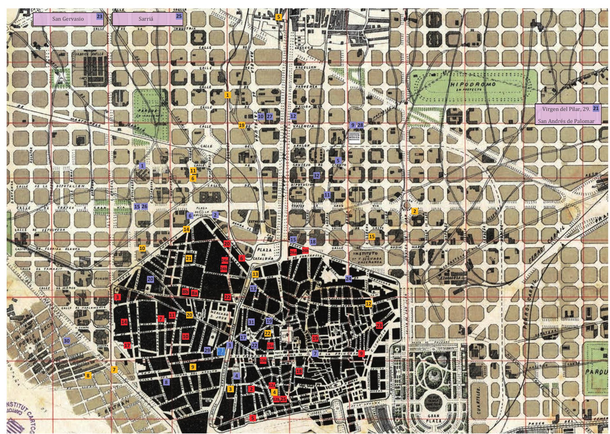 FiGure 2. Piano teachers and builders in Barcelona from 1848 to 1901. Music teachers (in yellow): 1. Arolas (Leonardo). Balmes, 106; 2 Auladell (Gumersindo). Pl. Tetuan, 40; 3. Badia (Juan). Escudillers Blanchs, 3; 4. Bataller (Ramon). Milans, 2; 5. Berenguer (Manuel). Riera < Miguel, 1 bis; 6. Blad6 (Narciso). Aribau, 25; 7. Brunet (Jaime). Marqués Duero, 161; 8. Casals (Antonio). Rosal, 30; 9. Chapelli (Francisco) Conde Asalto, 23; 10. Coma (Francisco). Floridablanca, 133; 11. Cubells (Juan). Aribau, 36; 12. Furés (Salvador). Baja S. Pedro, 71; 13. Home ro Garrit Panisello (L.). R, Canaletas, 11; 14. Huguet (Juan). Ronda S. Antonio, 82; 15. March (Dionisio). Gerona, 18; 16. Masvidal (José). Stz Ana, 6; 17. Morera (Enrique). Avifid, 12; 18. Petri (Vicente). Corsega, 181; 19. Sanchez (Domingo). Valencia 249; 20. Santapaula (Francisco) Hospital, 114; 21. Selleras (José). Poniente, 39; 22. Sola Sagalés (Narciso). Bafios Nuevos, 13. 