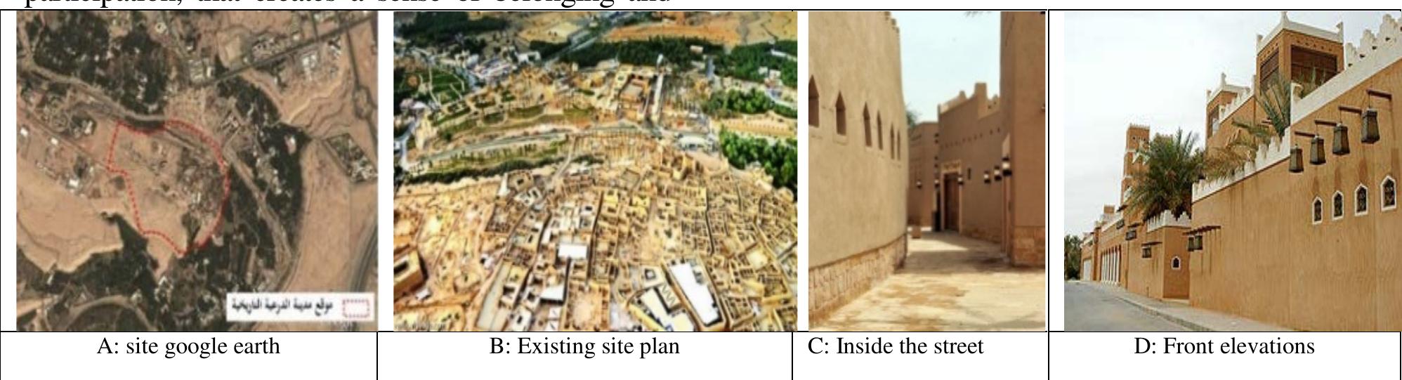 Figure 2: Shows the local heritage in the historical Al-Diriyah (Al-Bujairi and Al-Tarif neighborhoods), as a milestone that confirms the sustainability, originality and cultural maturity, accompanying conservation and restoration operations with employment opportunities and events that integrate with the surrounding context. (Source: Supreme Commission for the Development of Riyadh City, 2009)  preservation of the place that represents a source of  developmen encouraging developmen investment  income for individuals, as well private investments to participate in  0 the possibilities of the Valley, pu  as ne  programs, through employment and  a  plan to improve inhabitants cultural awareness,  establish a department to supervise the restorati  and rehabili historical ch city within 1  ation of urban heritage, and respect  Ss context, in a manner that preserves  on he  anges in a building, place or a heritage  he  historic values for the buildings (physical-  nonphysical  , and the recognition that all buildings  and places are the product of its time, so the formal characteristics of traditional environment must be preserved, depending on certified documentary, accurate material and evidence in the transfer and identical copies for the lost elements and architectural features) (Figure 2) [22]. 