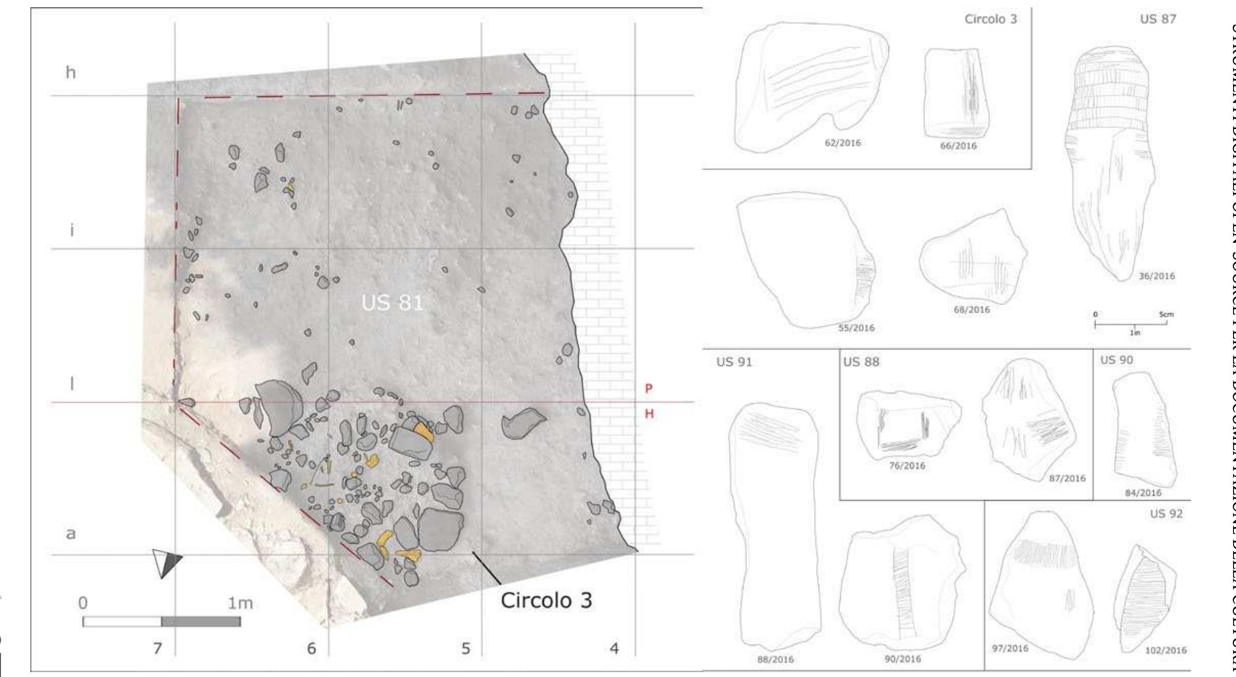 Figura 2: Grotta di Santa Maria di Agnano (Ostuni, BR): a) saggio di scavo archeologico (anno 2016); b) supporti calcarei con sintassi decorative geometrico-lineari rinvenute nel corso della campagna di scavo 2016 (Coppola et al. 2017: Figura 8). 