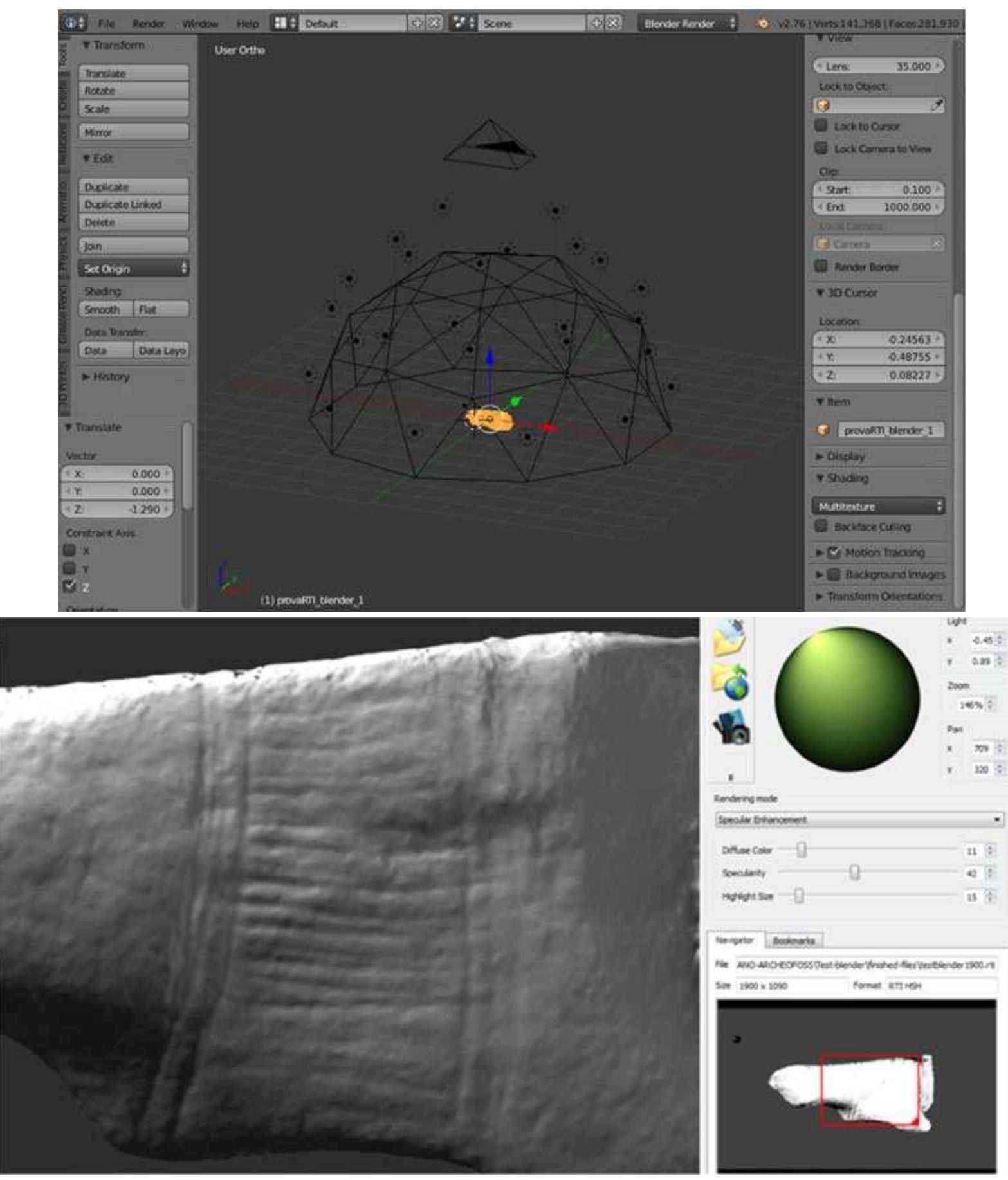 Figura 4: Grotta di Santa Maria di Agnano (Ostuni, BR): a) Blender: lightdome virtuale con camera ortografica e mesh dell’oggetto; b) RTIviewer: visualizzazione in Specular Enhancement del procedimento v-RTI. 