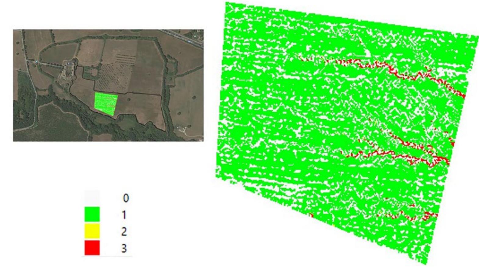 Post-processamento dei dati di GPR per la relizzazione di mappe di vulnerabilita  Ai  fini della creazione di una mappa di vulnerabilita archeologica dell’area presa in esame sono  stati utilizzati i dati GPR ottenuti dalle recenti prospezioni geofische svolte dalle universita di  Cambridge e Ghent, disponi particolare di una sequenza di timeslides georeferite ad alta risoluzione (5 cm per pixel), che  in  bili in open-access per finalita di studio (Millett et al. 2019). Si tratta  consentono la visualizzazione delle strutture sepolte individuate, ad un intervallo regolare  di  profondita di circa 5 cen  timetri, e che, partendo dalla superficie, raggiungono i 3 metri di  profondita. Poiché le simulazioni di cui al paragrafo 4 sono state effettuate nella parte centrale  de  l’area meridionale del si  questa parte della citta (Mi sepolte.  to, sono stati selezionati i risultati delle prospezioni geofisiche di  lett et al. 2019, area 4), in cui sono presenti unicamente strutture 
