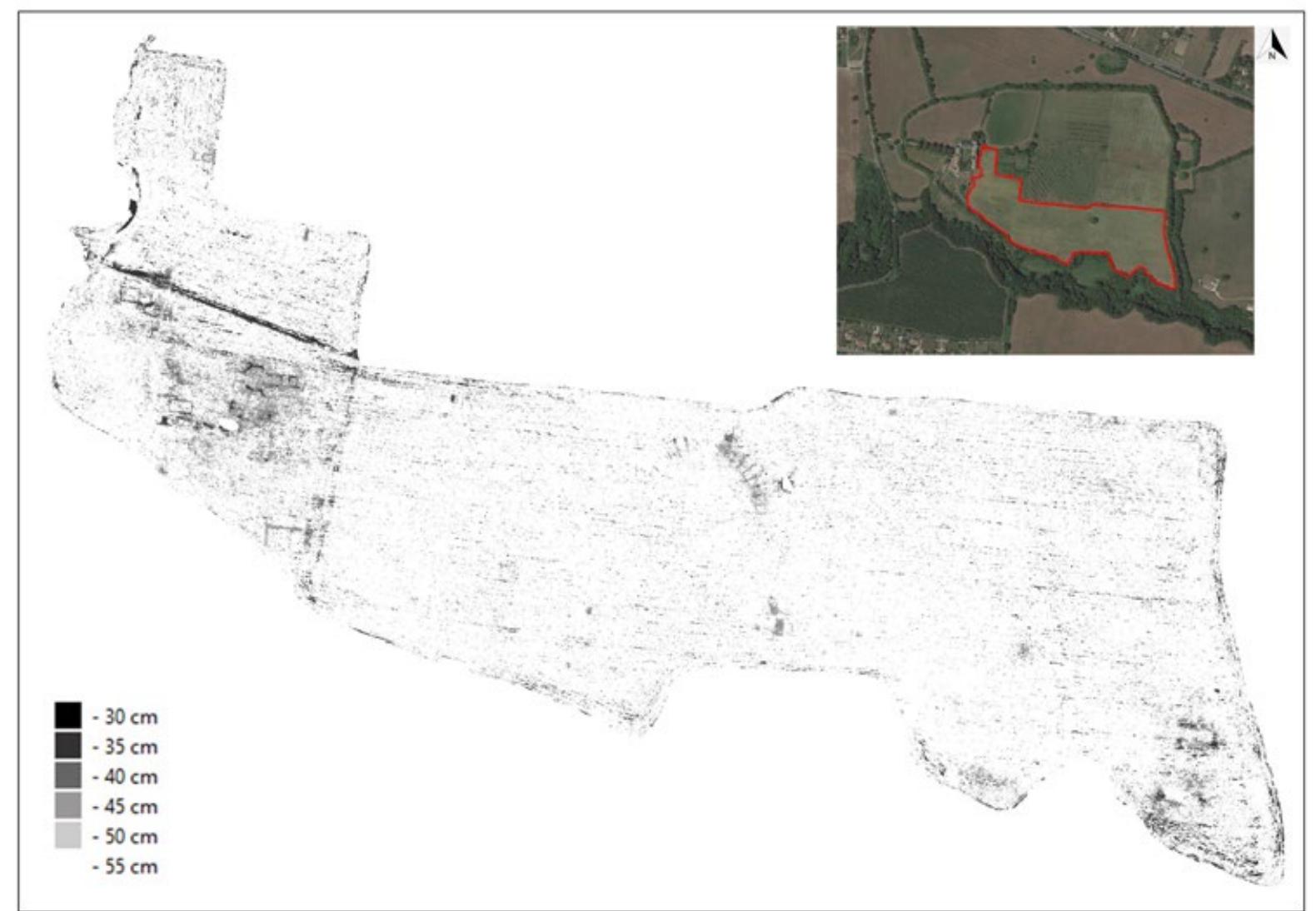Figura 4: Falerii Novi, area meridionale. Restituzione 2D delle evidenze archeologiche individuate con valori di profondita dei singoli pixel (@RESEARCH Project). 
