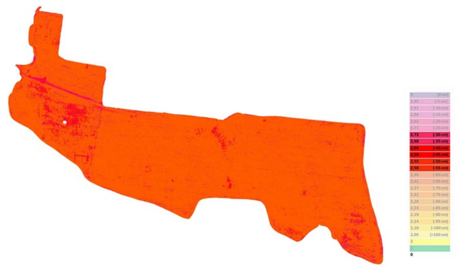 Figura 5: Falerii Novi, area meridionale. Mappa di vulnerabilita archeologica correlata alla minaccia di erosione del suolo (@RESEARCH Project). 