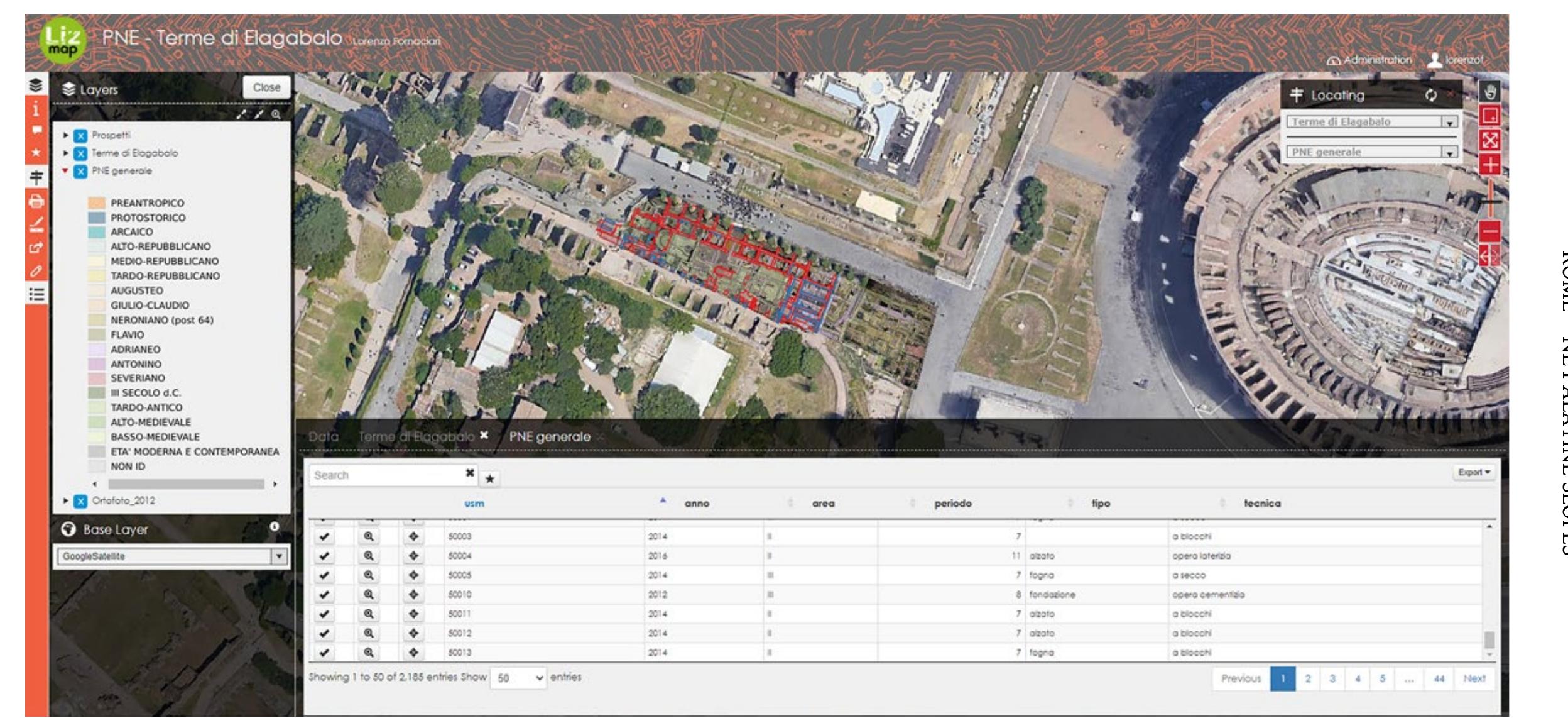 Figure 5: Rome, NE Palatine slopes. A first WebGIS development carried out thanks to the gishosting service of the Gter company (https://www.gishosting.gter.it/home/). 