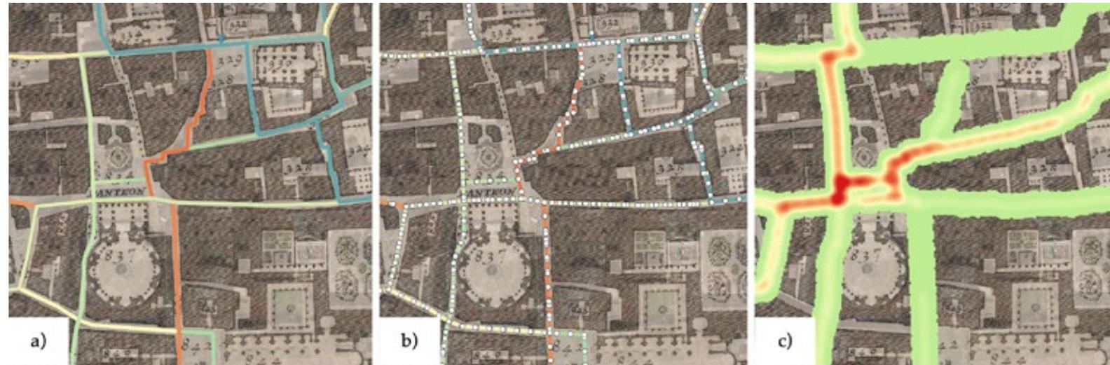 Figure 4: a) Vectorized paths around piazza della Rotonda; b) transformation of lines into points set 10 m apart; c) Kernel analysis (Base map: Nuova Topografia di Roma). 