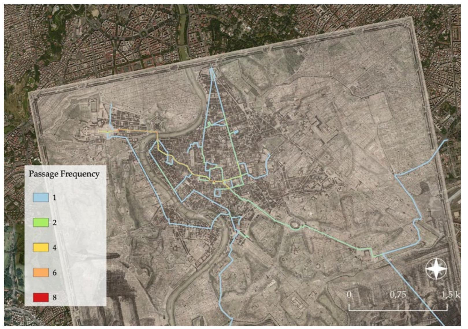 Figure 5: Heatmap of ceremonial paths (14) of the 18th century (base maps: Nuova Topografia di Roma and Bing Satellite). 