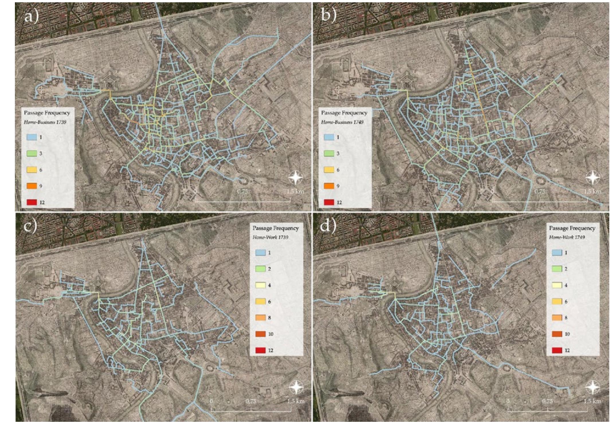 Figure 6: a) Heatmap of home-business paths in 1739; b) heatmap of home-business paths in 1749; c) heatmap of home-business paths in 1739; d) heatmap of home-business paths in 1749 (base maps: Nuova Topografia di Roma and Bing Satellite). 