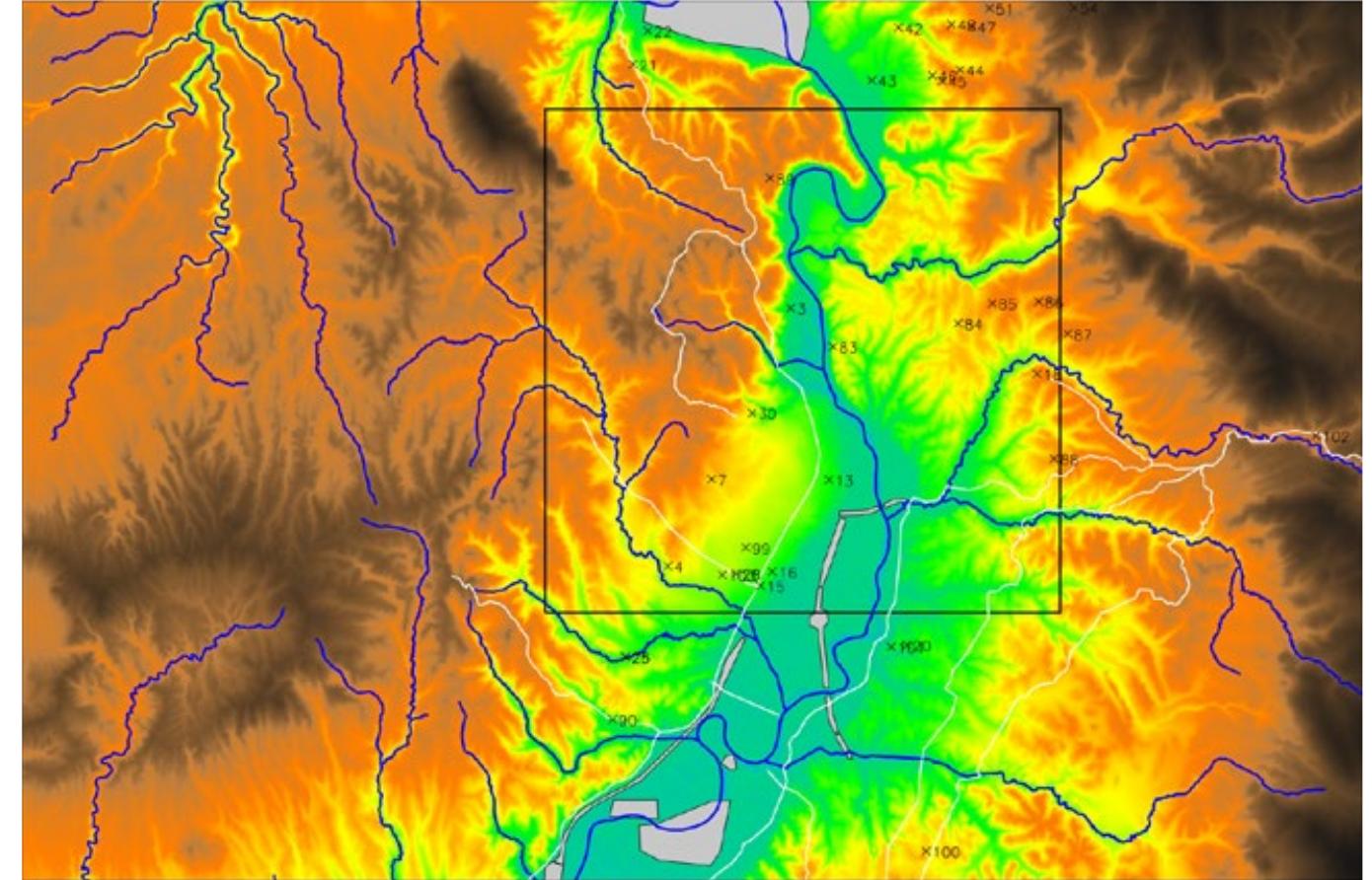 Figure 4: Map of the data sets considered in the analysis. The water-streams net (blue, with the modified Tiber path), The road net (white), the late imperial Roman sites (black crosses). The central square represents the extension of the DEM obtained by photogrammery from IGM Aerial photos, as the grey areas are the ones modified carving modern interventions (see text for explanation). Legend for the sites (see text for explanation): 3: Meana; 4: Villa Del Sasso; 7: Collina Belvedere; 13: Villa Baciletti; 15: Lucus Ferioniae; 16: Villa dei Volusii; 18: Cures Sabini; 20: Eretum; 21: Villa Coste Sor Nicola; 22: S.Andrea In Flumine; 25: Villa Rustica Monte Casetta; 28: Villa Prato La Corte; 30: Vicus Flavianus; 42: Villa Marcigliana; 43: Villa Cerro; 44: Villa S. Angelo; 45: Villa Formello; 46: Villa S. Antonio; 47: Villa S. Nicola; 48: Villa Colle Marrone; 50: Villa S. Luigi; 51: Villa S. Francesco; 54: Villa S. Valentino; 83-88:Villas at Cures 1-6; 89: Seperna; 90: Fontanile Vacchereccia; 91: Fidene; 94: Villa Castel Giubileo; 97: Villa Tor S. Giovanni; 98: Nomentum; 99: Villa Standa; 100: Grotta Marozza; 101: Eretum; 102: Villa Nerola; 103: Villa Prato La Corte Bigatti. 