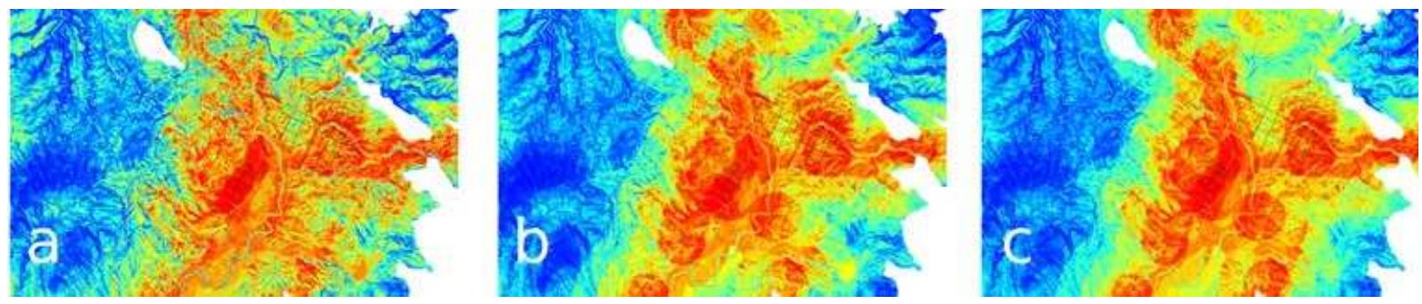 Figure 5: Maps resulting from running rcountryman module, giving different weights to the parameters, specified in the Table 1, in comparison to the traces of Roman centuriation identified in the archaeological landscape (see part 4 and table. 1 for details). 