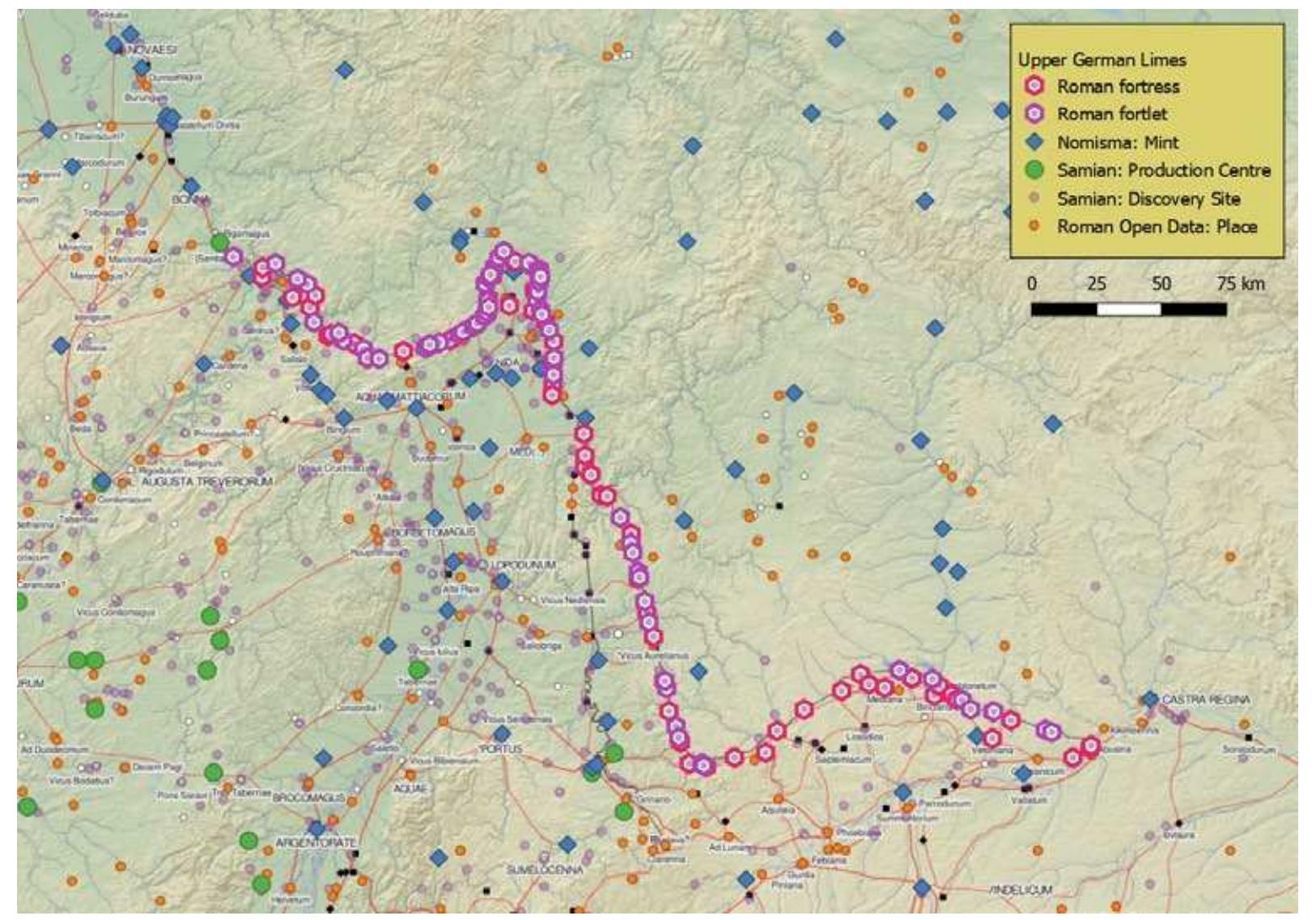 Figure 2: The German Upper Limes combined with data from LOD resources, e.g. Nomisma, Roman Open Data and Linked Open Samian Ware (F. Thiery CC BY 4.0, via Wikimedia Commons https:// commons.wikimedia.org/wiki/File:LOD_Upper_German_Limes.png). 
