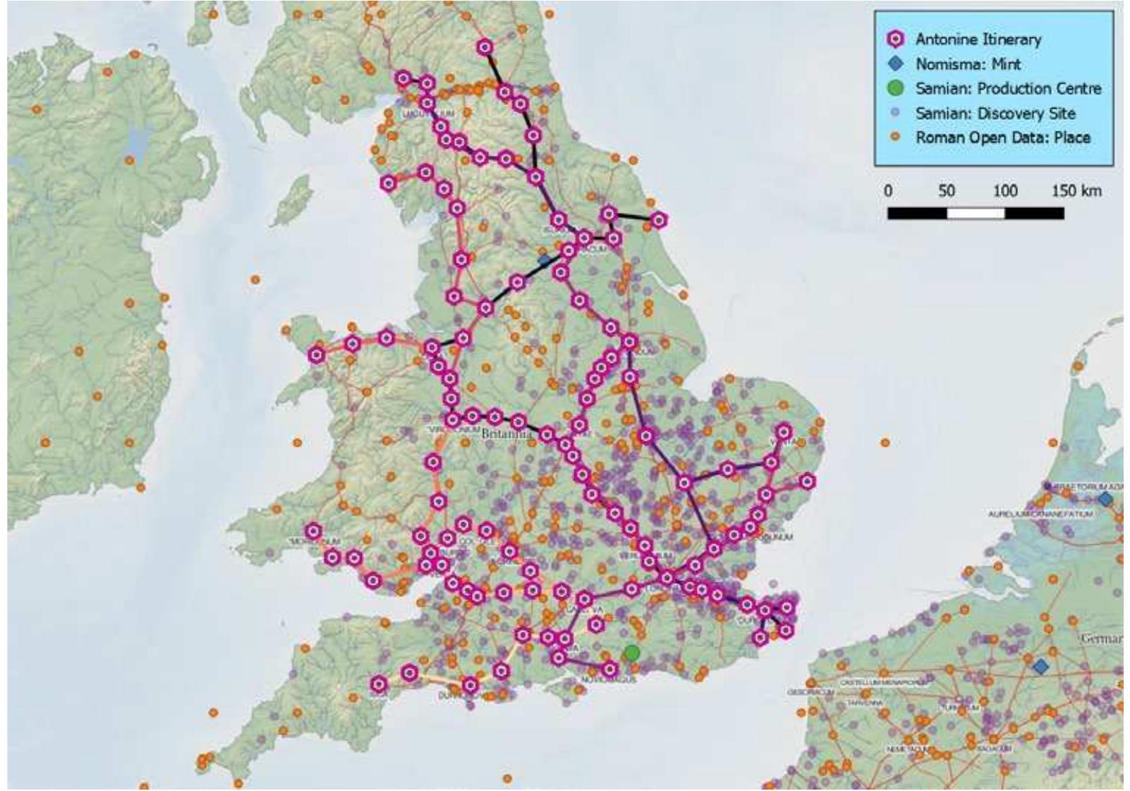 Figure 3: Itinerarium Antonini trade network combined with data from LOD resources, e.g. Nomisma, Roman Open Data and Linked Open Samian Ware (F. Thiery CC BY 4.0, via Wikimedia Commons. https://commons.wikimedia.org/wiki/File:LOD_Itinerarium_Antonini.png). 