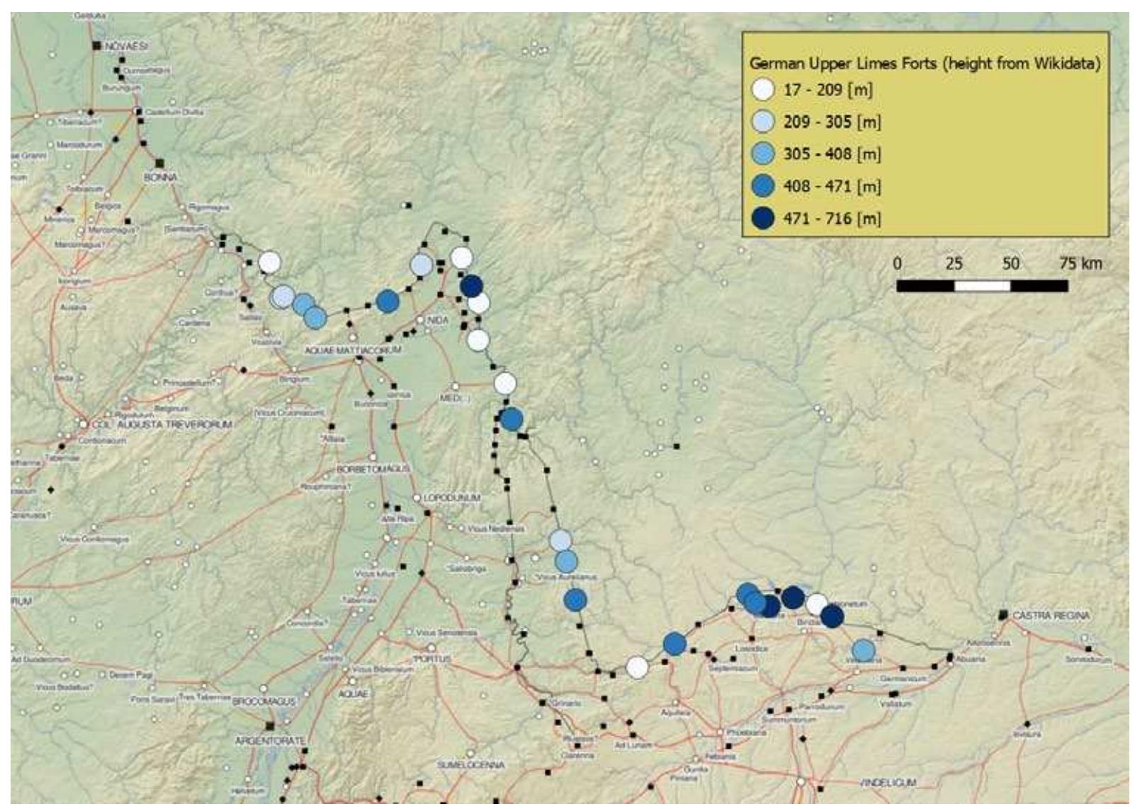 Figure 4: German Upper Limes extended with Wikidata information (elevation above sea level) (F. Thiery CC BY 4.0, via Wikimedia Commons https://commons.wikimedia.org/wiki/File:LOD_Upper_ German_Limes_Wikidata_Enriched_Height.png). 