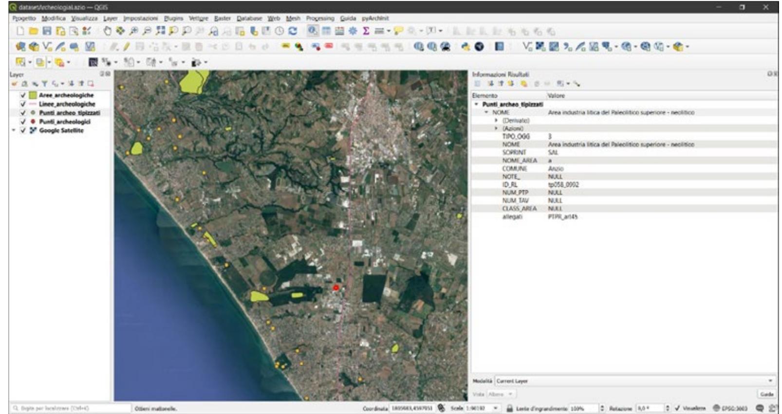 Figure 3: Different geometries and attribute tables of archaeological area in Lazio Region, shown in QGIS interface. 