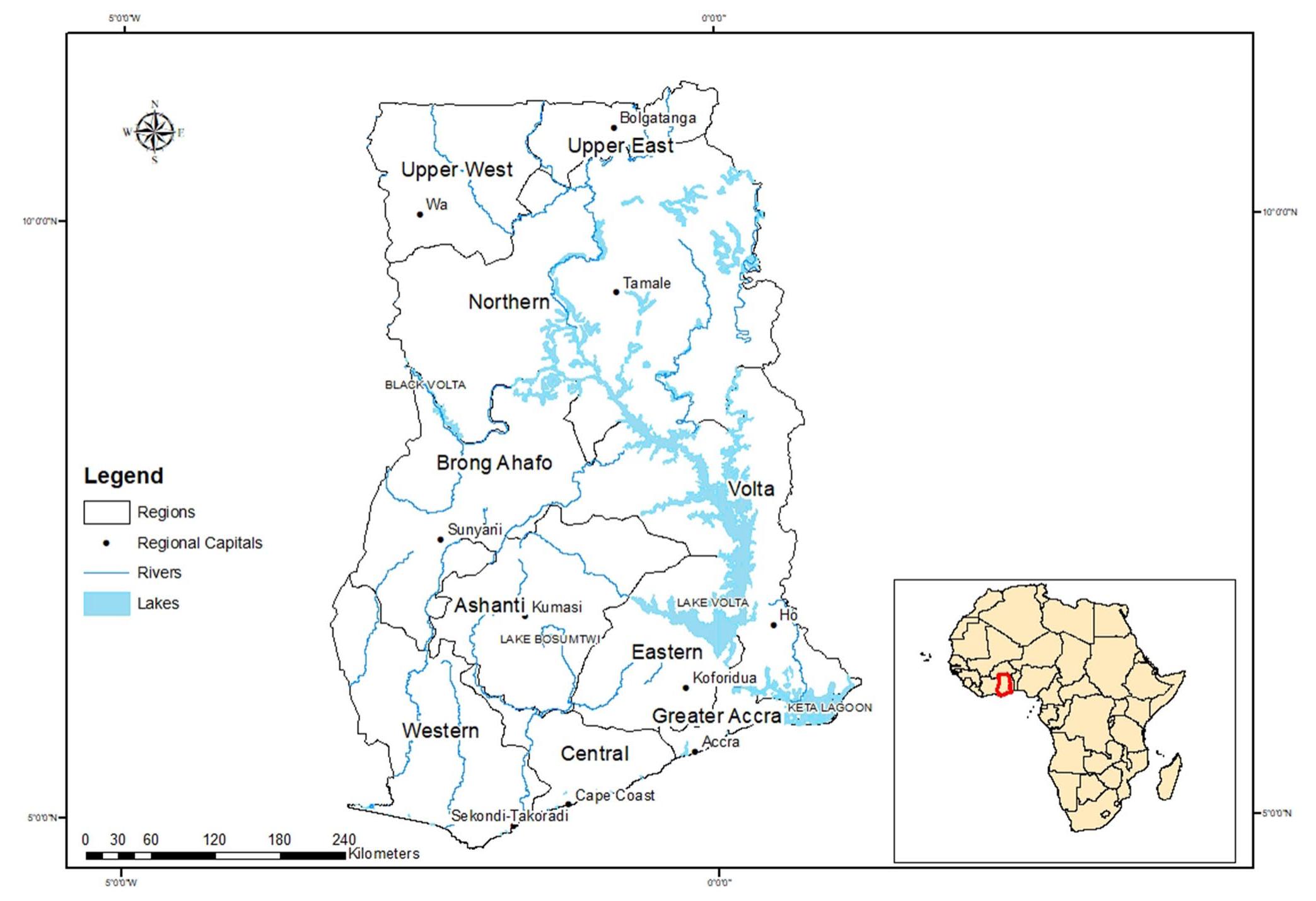 Map of ghana showing the ten regions