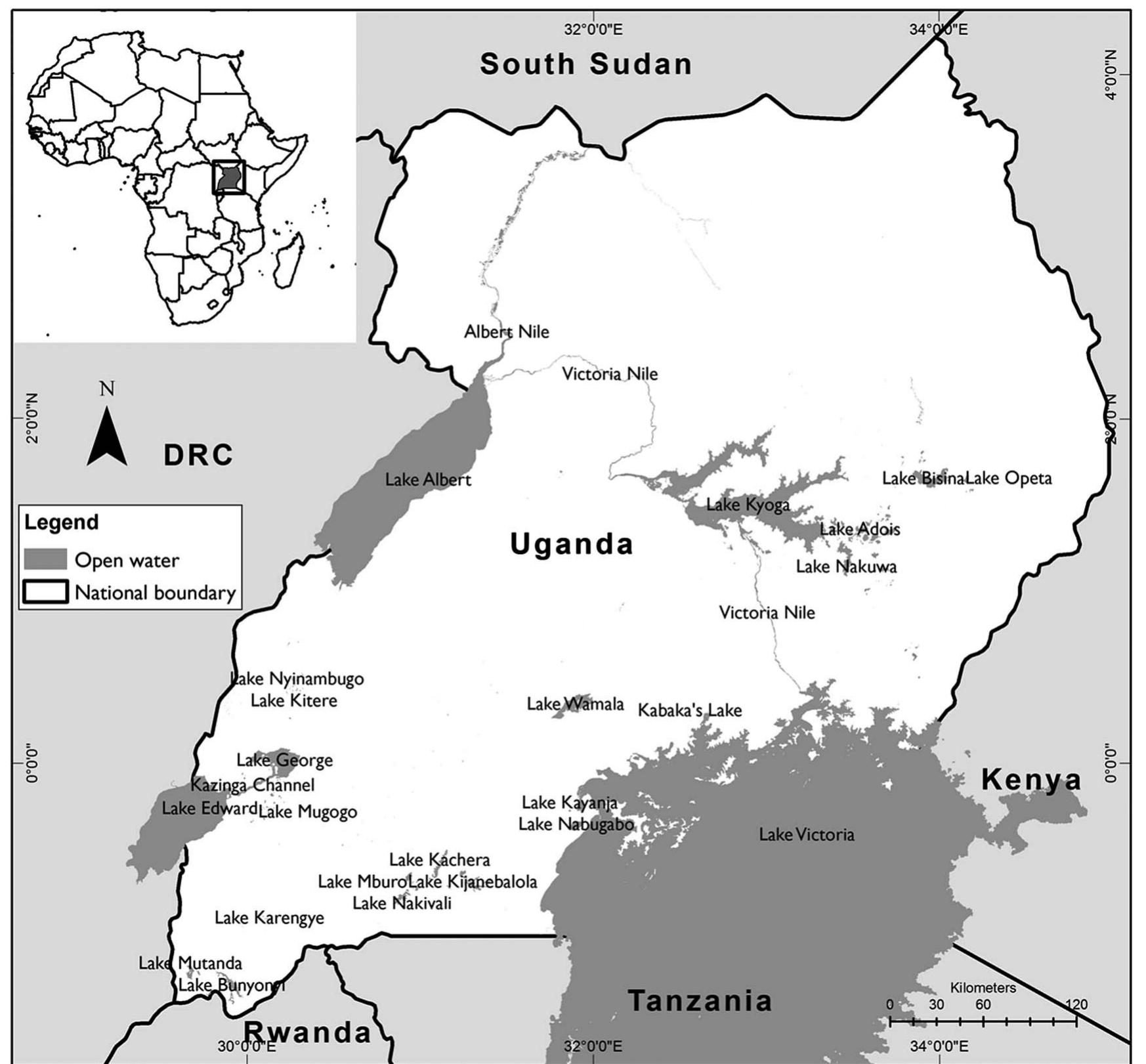 Map of uganda and spatial distribution of major water bodies