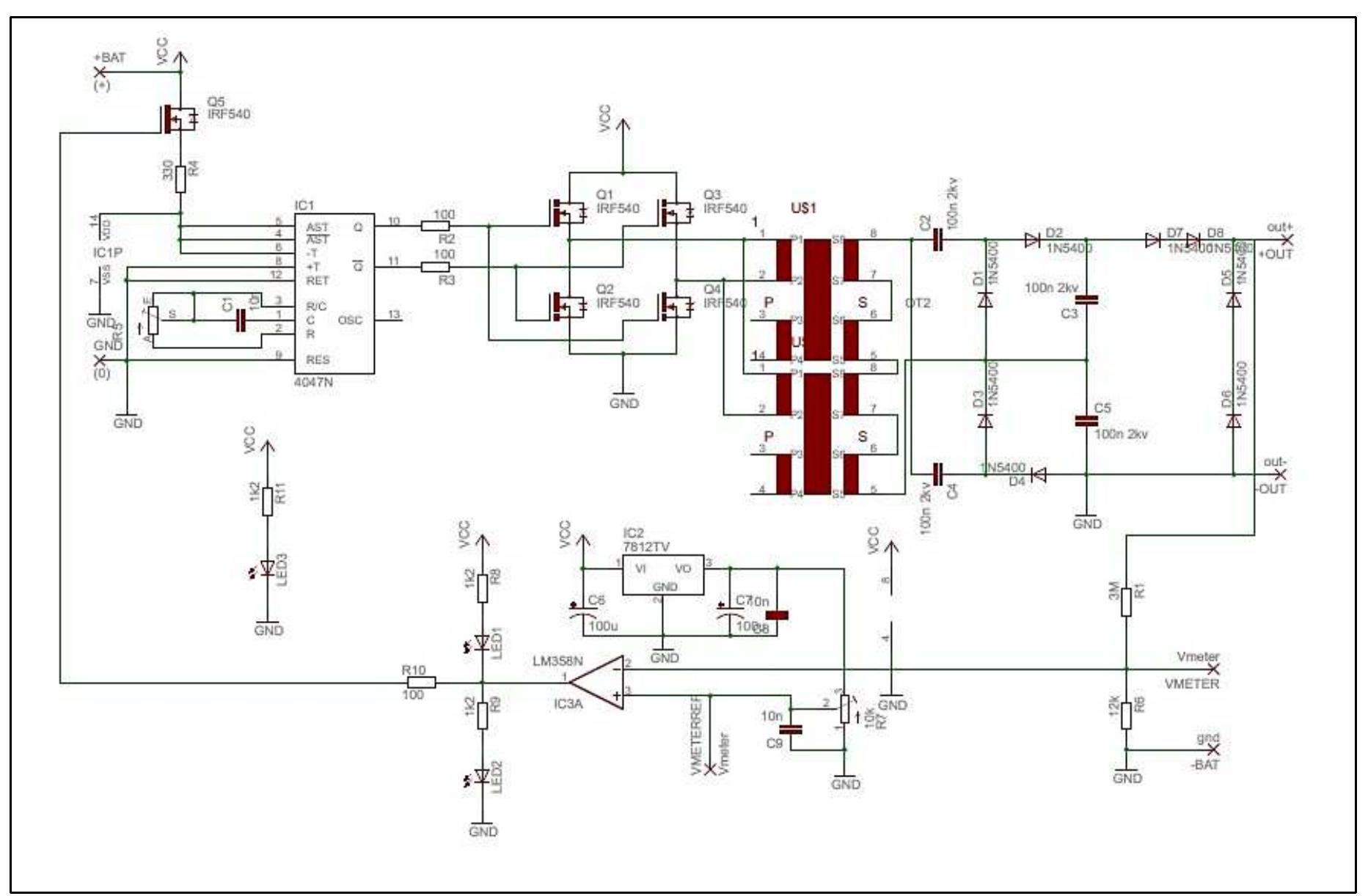 Pulse Generators, Step-Up transformers, and switching are used in the design of DC / AC convert circuits. Figure 2 shows a circuit with an output transformer. This circuit afterward only monitors tt  ON / OFF device and the peak voltage of the selection system. Every system test with a frequency of 5 Hz produces an output voltage of 380 V.  3.1. DC to AC converter 