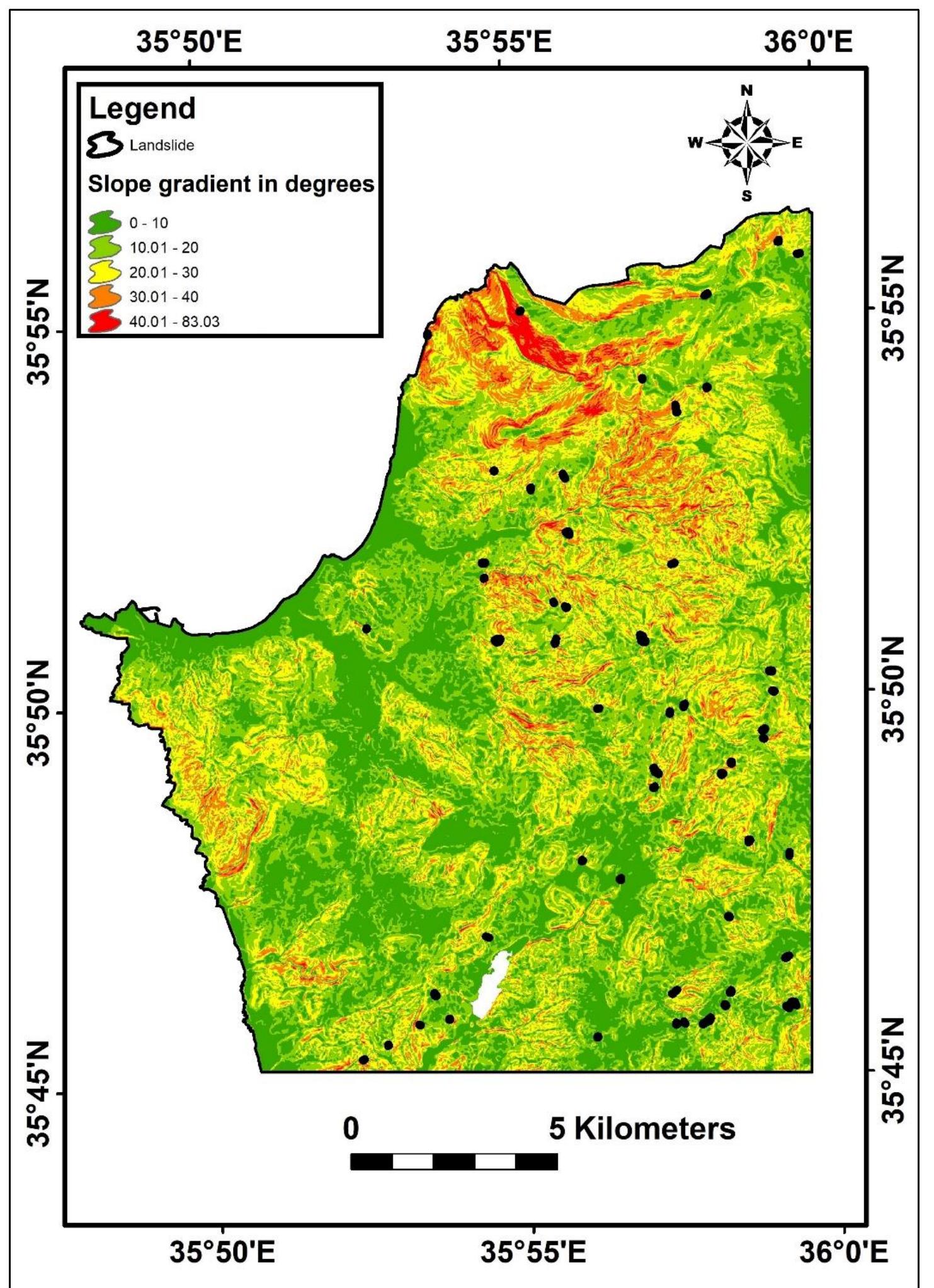 5: the slope gradient map with all landslide locations.