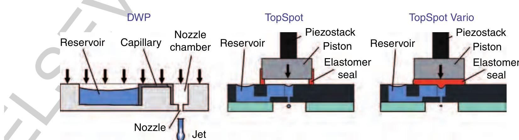 (9210 Figure 42 Dispensing well plate (DWP): Pressure-based actuation for dispensing from 10 nl up to several microliters; TopSpot®: pressure-based actuation for dispensing volumes in the lower nanoliter range; TopSpot® Vario: direct displacement principle via an elastomer for dispensing volumes from 50 to 1.000 pl.  The basic structures like reservoirs, capillary p1 channel, nozzle chamber, and nozzles can be fabri- cated by different technologies using different materials. Dry etching of silicon (deep reactive ion  0725  etching, DRIE) (Steinert et a/ 2004), lithographic  0050  fabrication in SU-8 (Bohl et al 2005), and 