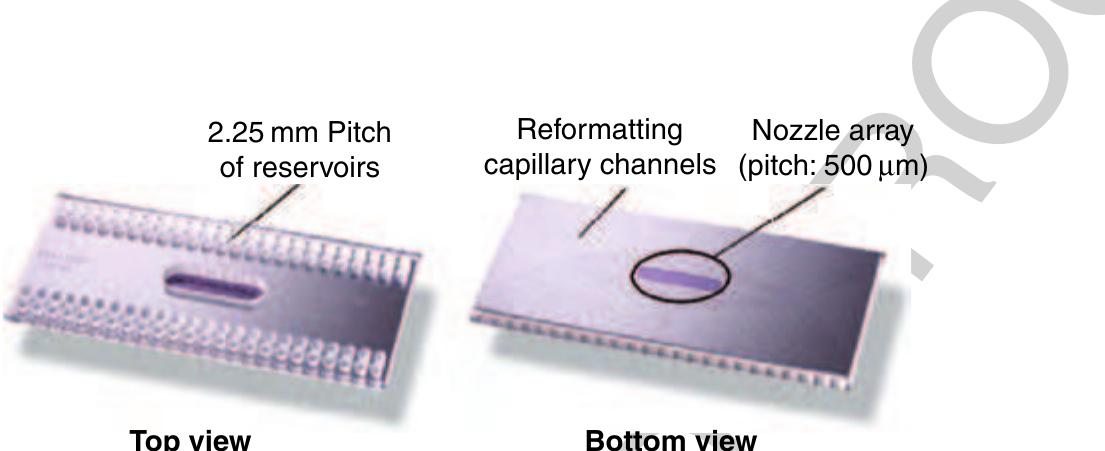 5 Figure 45 Picture of a 96 TopSpot® printhead. The top view shows the reservoirs that are filled via manual pipetting or lab ~ robots. The capillary channels that connect each reservoir with a certain.nozzle chamber ending up in an array of nozzles of pitch 500 um, a feature called reformatting, can be seen on the underside of the printhead (right). 