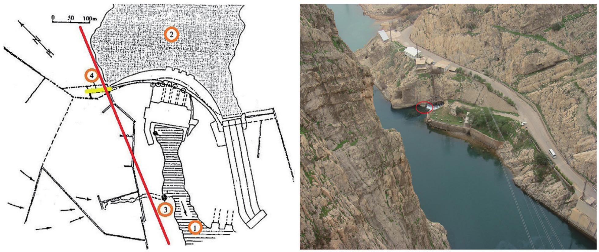 General layout of the dam site (left) and downstream view of