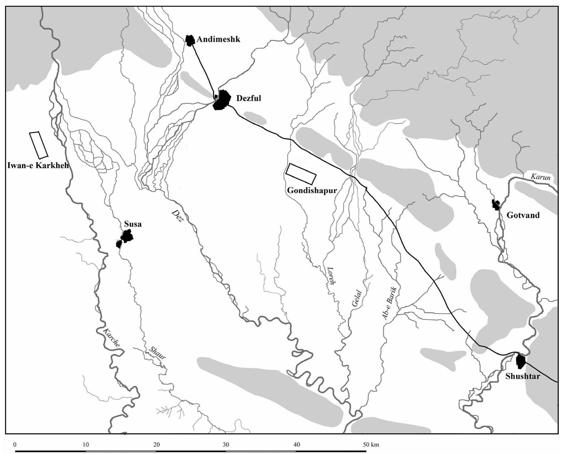 Fig. 1 The position of Gondishapur and Eyvan-e Karkheh in relation to the Dez River. 