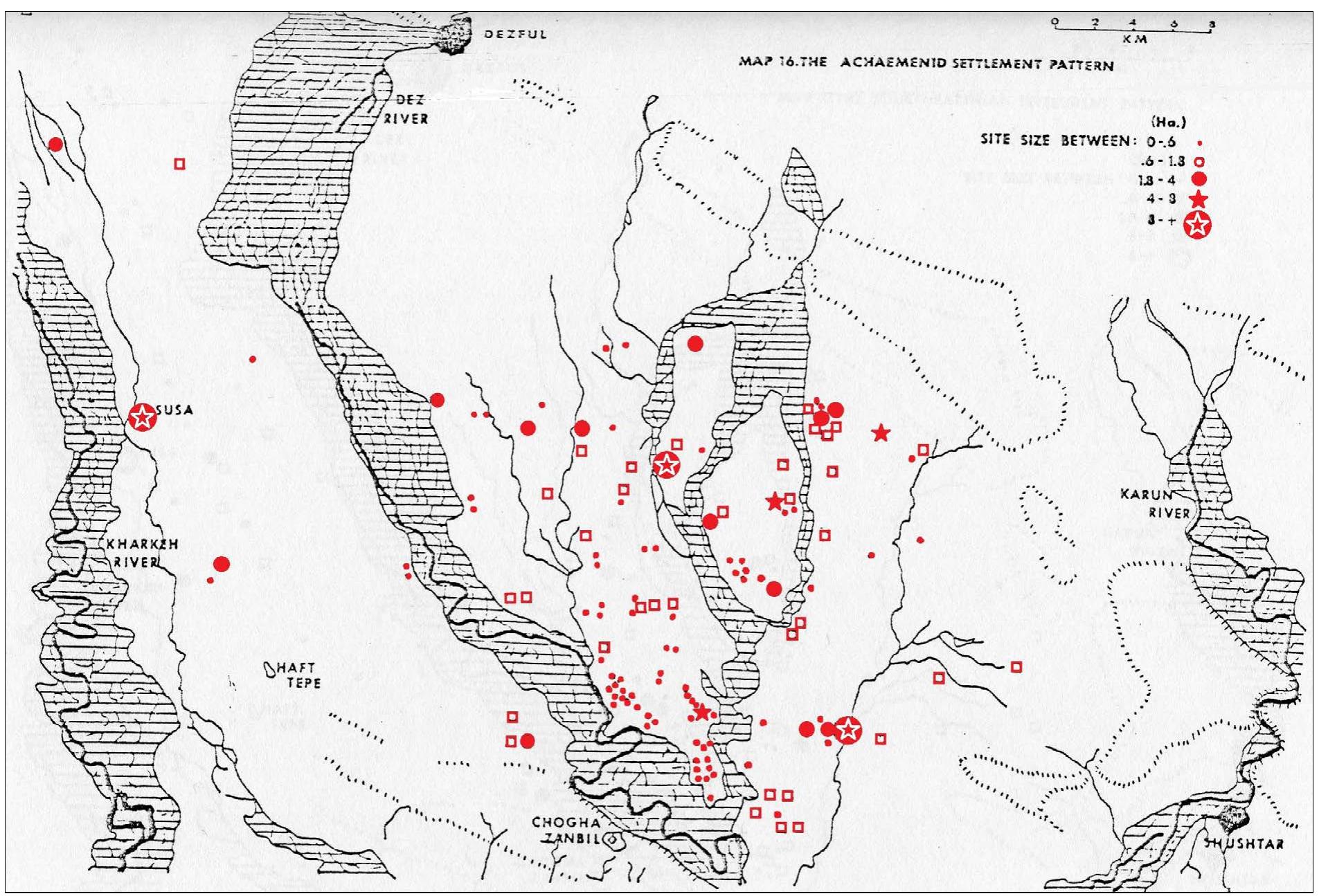 Fig. 2 The pattern of the settlements on the eastern and western sides of the Dez River in  the Achaemenid period (After Wenke 1975: map 16). 