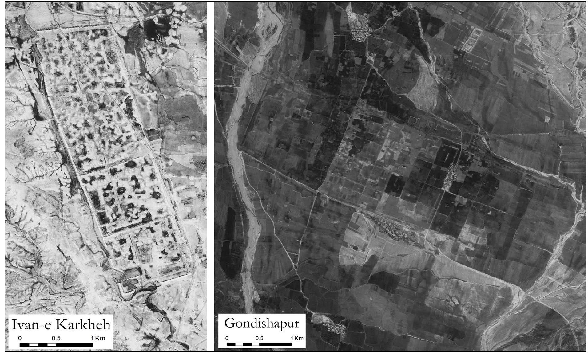 Fig. 3 The dimensions of city areas at Gondishapur and Eyvan-e Karkheh. 