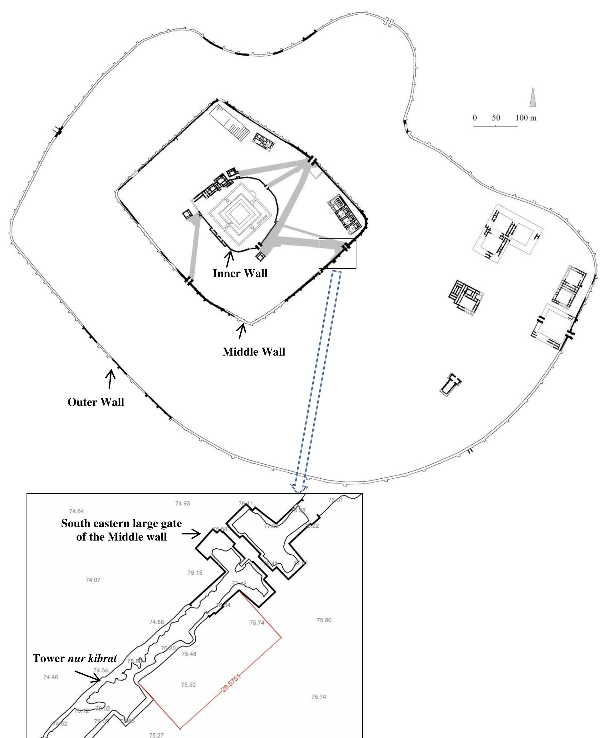 Fig. 1: The plan of the city at Chogha Zanbil and the position of the tower nur kibrat. 