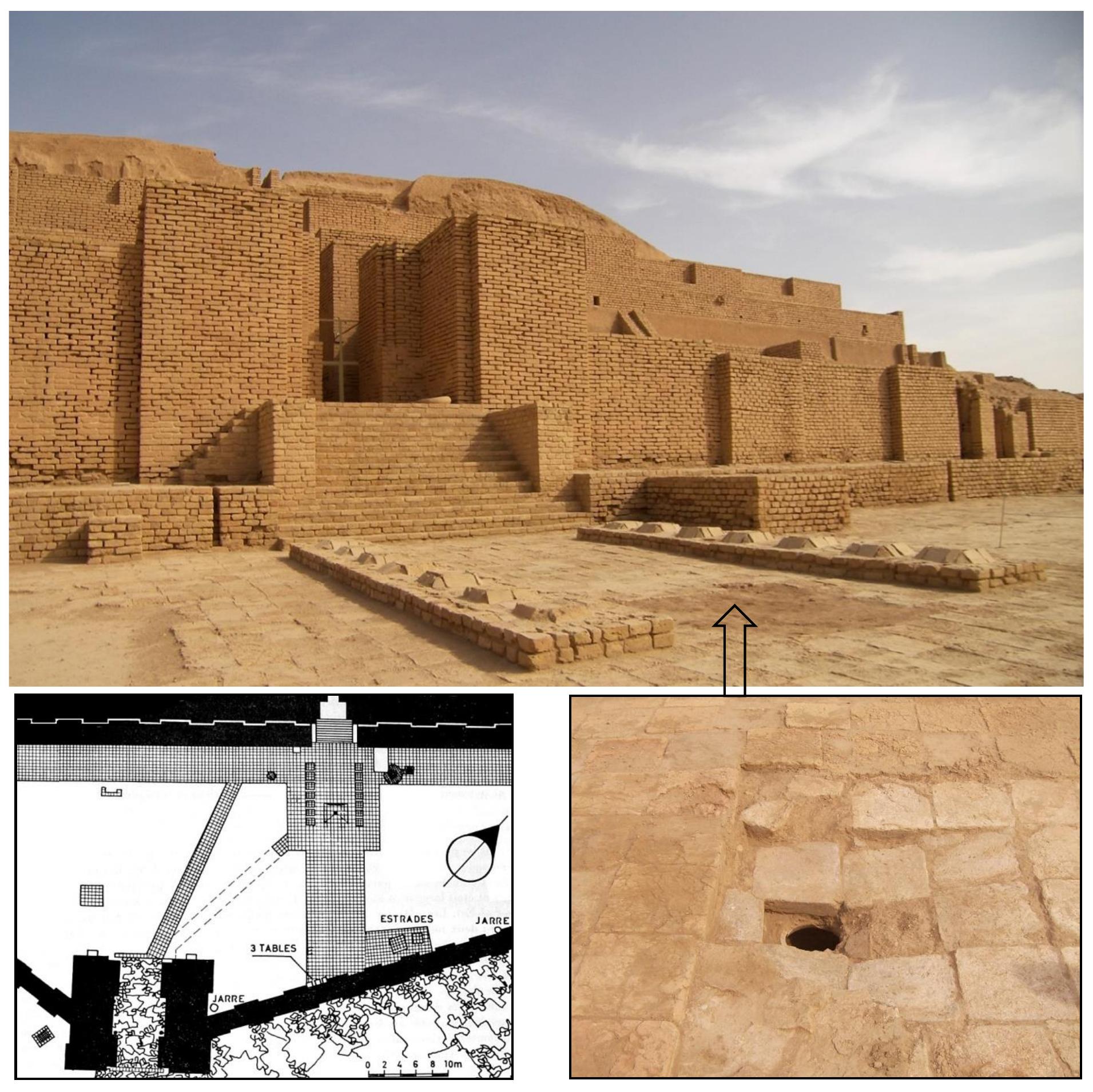 Fig. 2: The installations in front of the south eastern middle stairway of the ziqqurrat and the installed pottery vessel under the pavement for libations (Fotos: B. Mofidi-Nasrabadi; Plan after Ghirshman 1966, Fig. 50).  Fig. 2: The installations in front of the south eastern middle stairway of the ziqqurrat and the installed pottery 