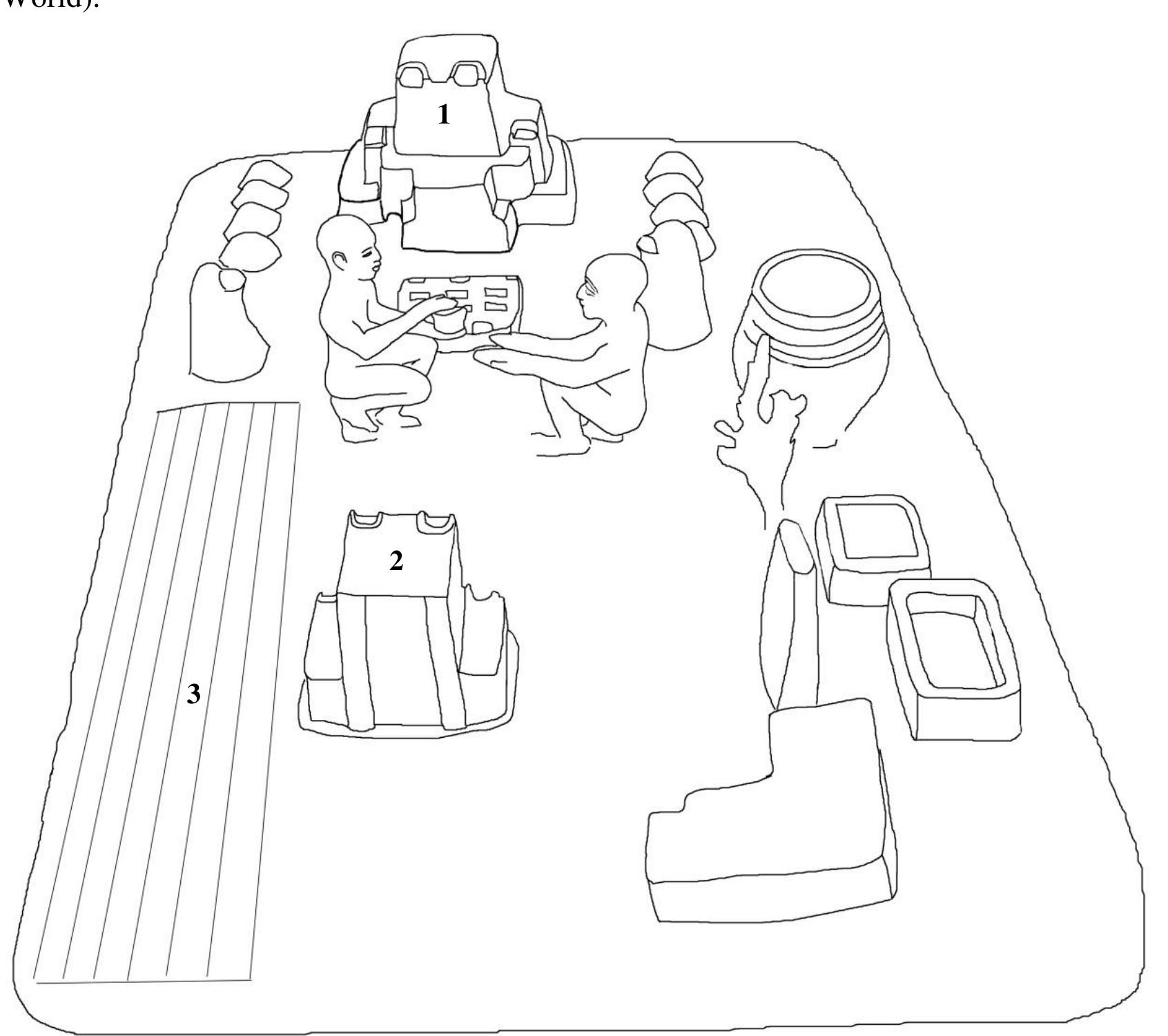 Fig. 3: Bronze model of sit Samsi ritual: 1. Possible representation of the ziqqurrat; 2. Possible representation of  a tower: 3. Inscription.  but also in Chogha Zanbil. Other scholars already noticed this similarity~’, but its relation to the tower 